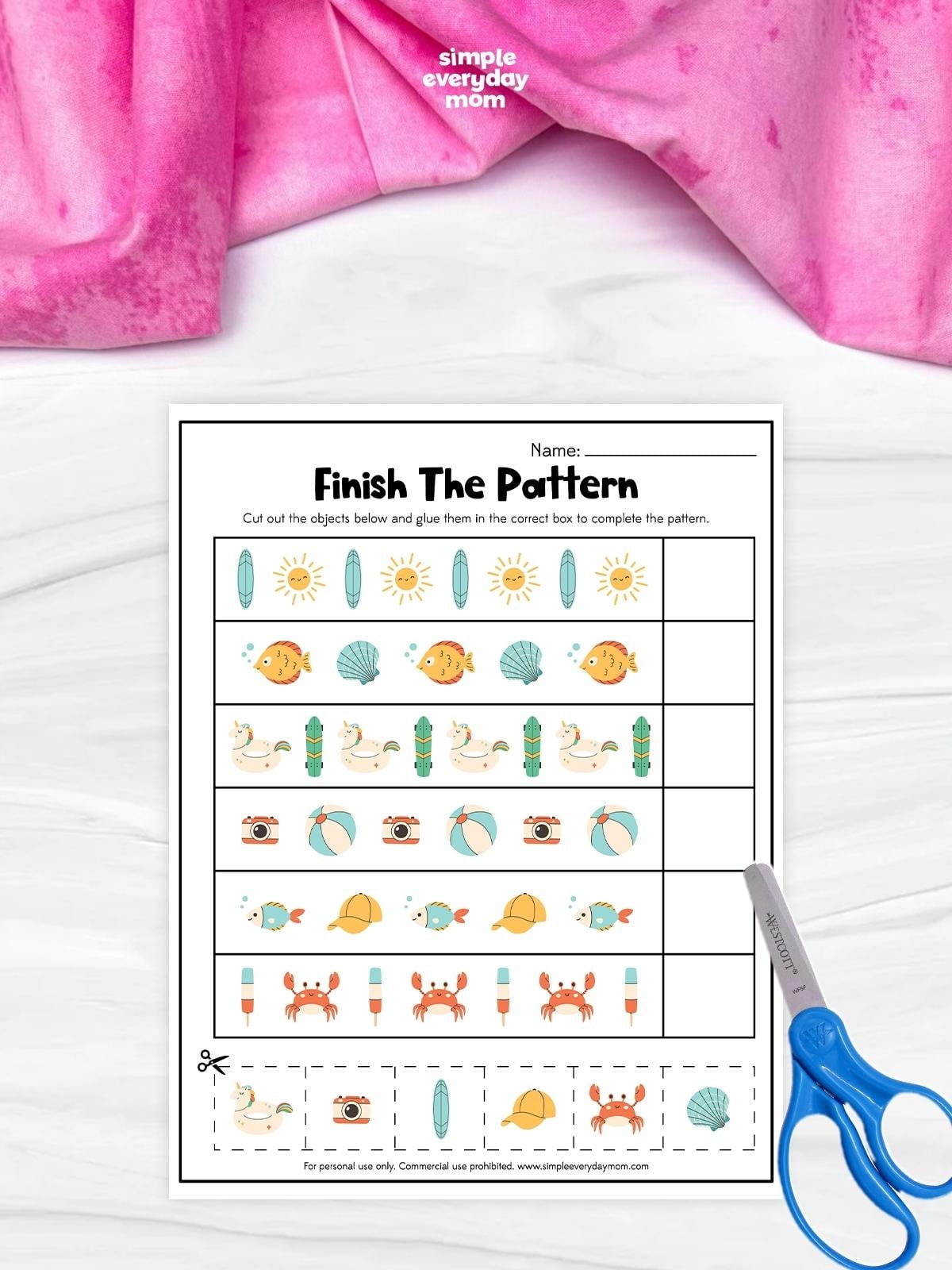 This printable Finish the Pattern worksheet helps preschoolers and kindergarteners build pattern recognition by completing repeating sequences with summer-themed pictures. Kids cut out the objects at the bottom of the page and glue each one into the correct spot to finish every pattern while practicing logic, sequencing, and fine motor skills. It's a fun, no-prep activity for classrooms, homeschool, learning centers, or summer learning at home.