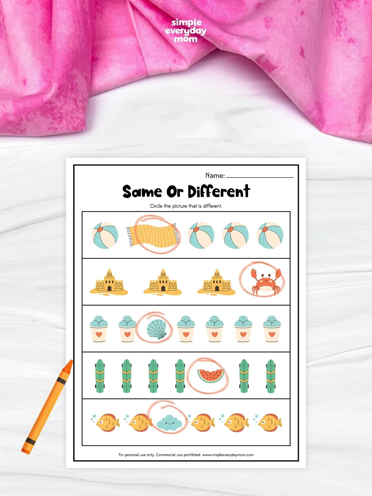 This printable Same or Different worksheet helps preschoolers and kindergarteners strengthen visual discrimination by finding the picture that doesn't match in each row. Kids compare summer-themed images, identify the different object, and circle the correct answer while building observation and critical thinking skills. It's a fun, no-prep activity for classrooms, homeschool, learning centers, or summer practice at home.