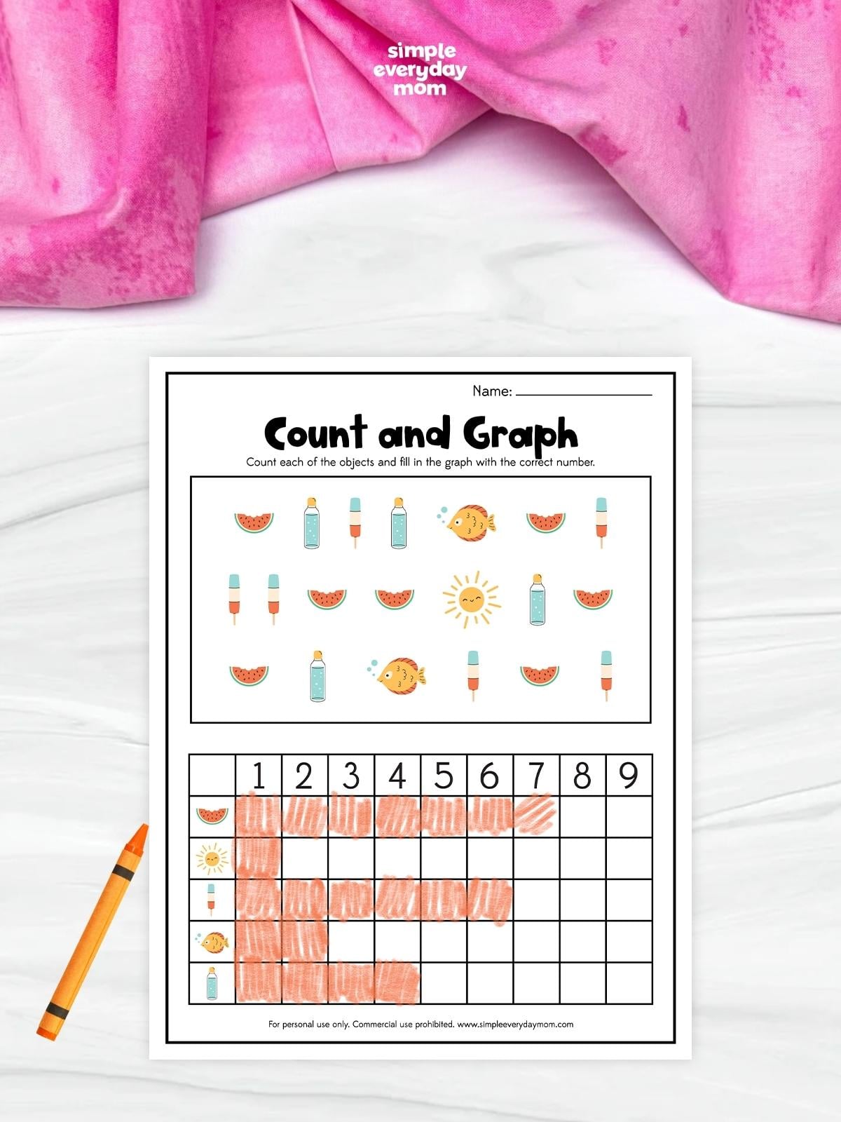 This printable Count and Graph worksheet gives preschoolers and kindergarteners fun practice with counting, sorting, and creating simple picture graphs using summer-themed objects. Kids count each item, then color the matching number of boxes to complete the graph while building early math and data skills. It's a great no-prep activity for classrooms, homeschool, math centers, or summer learning at home.