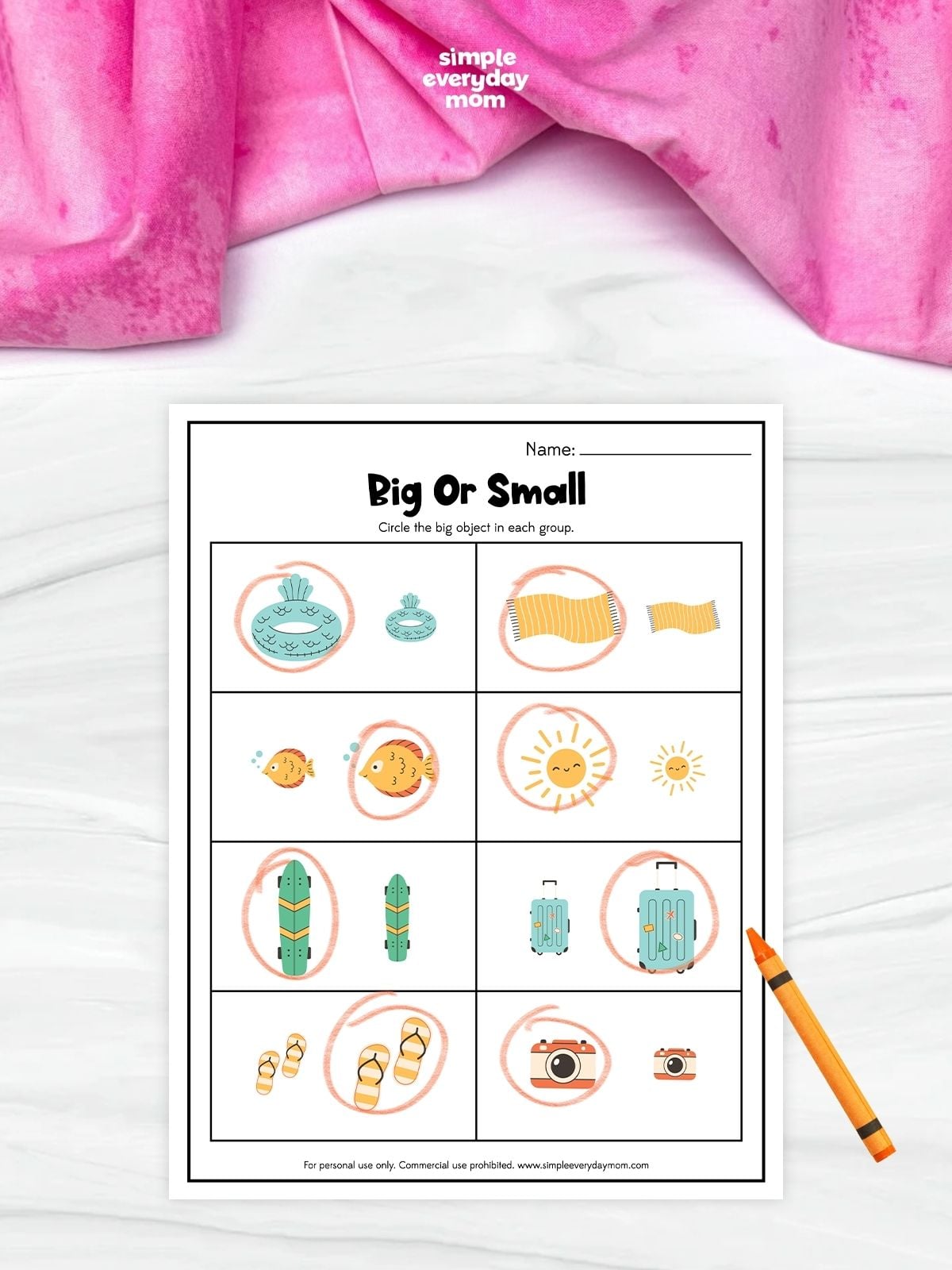 This printable Big or Small worksheet helps preschoolers and kindergarteners practice comparing object sizes in a fun, summer-themed way. Children look at each pair of pictures and circle the larger object, building early math, visual discrimination, and critical thinking skills. It's a simple, no-prep activity that's perfect for classrooms, learning centers, homeschool, or summer practice at home.