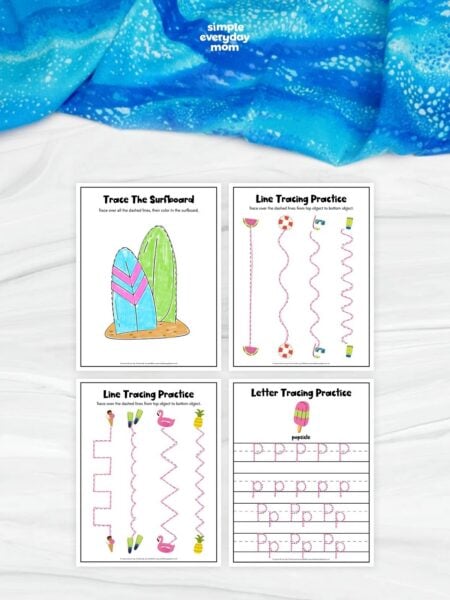 Collage of four summer tracing worksheets featuring a surfboard tracing page, two line tracing activities with beach-themed objects, and a letter tracing page for the letter P with a popsicle. These printable preschool worksheets help children practice pencil control, line tracing, letter formation, and fine motor skills.