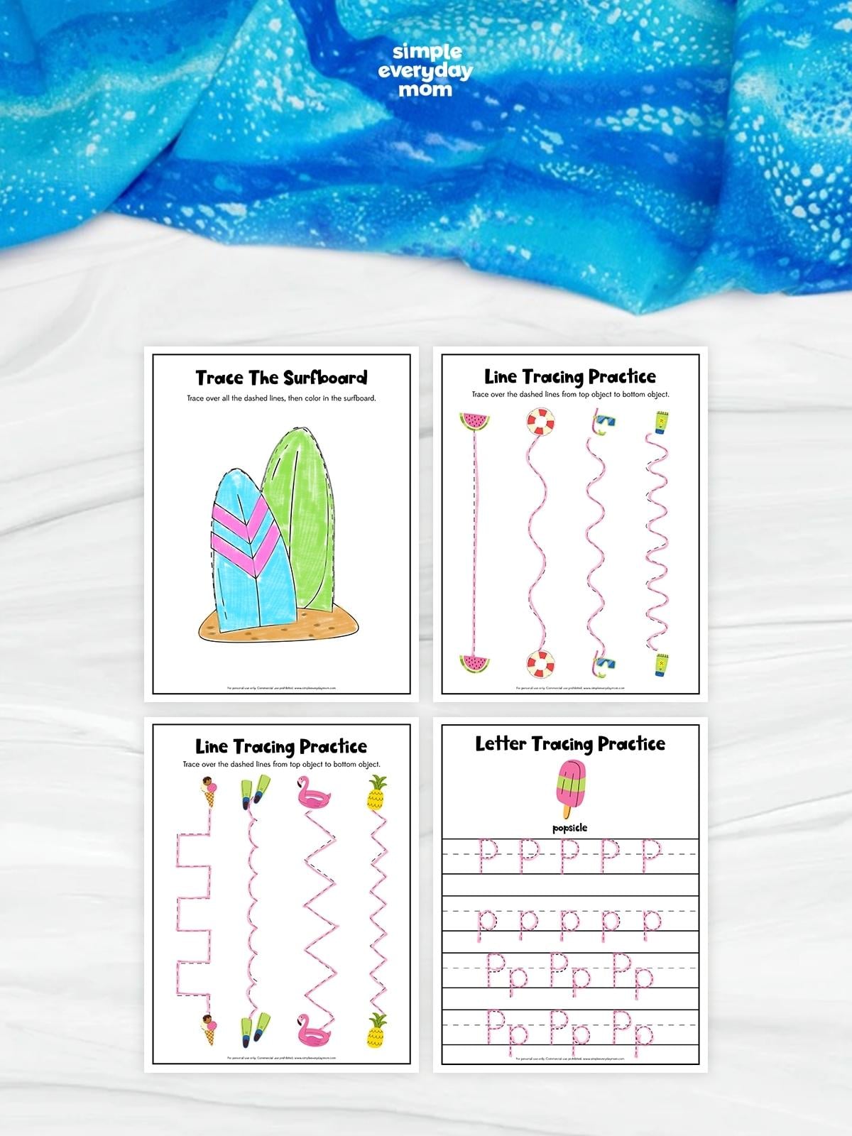 Collage of four summer tracing worksheets featuring a surfboard tracing page, two line tracing activities with beach-themed objects, and a letter tracing page for the letter P with a popsicle. These printable preschool worksheets help children practice pencil control, line tracing, letter formation, and fine motor skills.