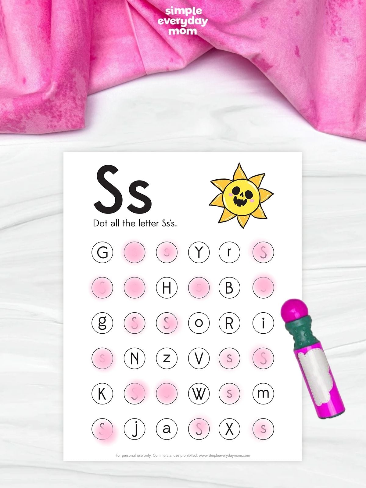 Summerween Letter S dot marker worksheet where children find and dot all the uppercase and lowercase letter S's among mixed letters. This printable preschool alphabet activity helps build letter recognition, uppercase and lowercase identification, fine motor skills, and hand-eye coordination through fun Summerween-themed learning.
