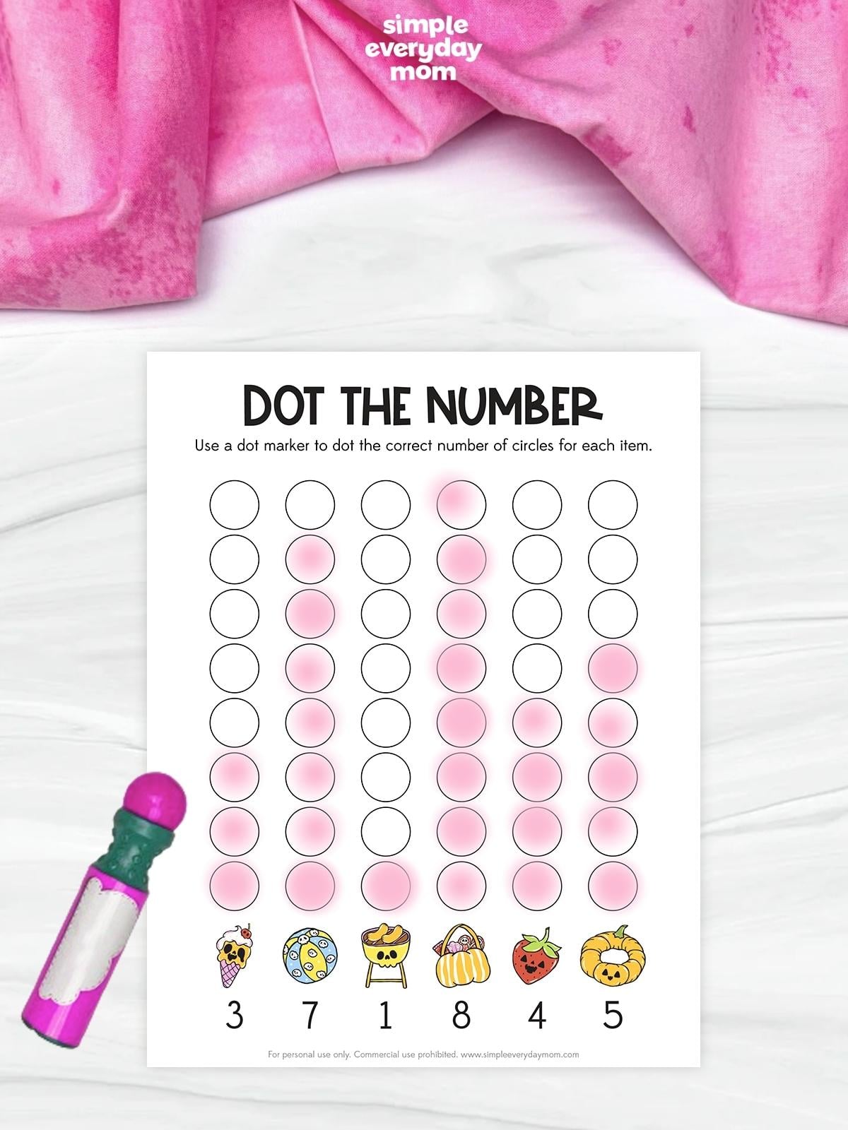 Summerween Dot the Number worksheet with themed icons and numbered columns for children to dot the correct number of circles using a dot marker. This printable preschool math activity helps build counting skills, number recognition, one-to-one correspondence, and fine motor skills through fun Summerween-themed practice.
