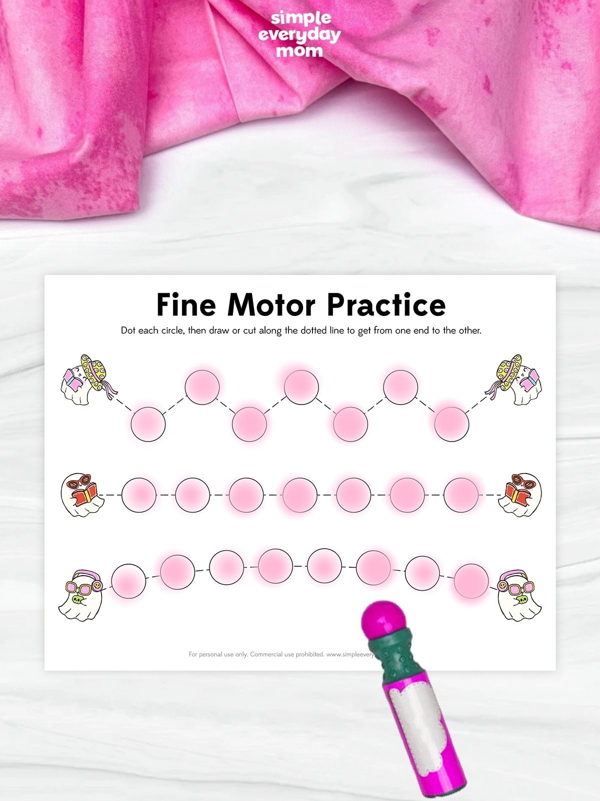 Summerween Fine Motor Practice worksheet where children dot each circle, then draw or cut along the dotted paths to connect matching Summerween ghosts. This printable preschool activity helps strengthen fine motor skills, pencil control, scissor skills, hand-eye coordination, and pre-writing development through fun Summerween-themed practice.