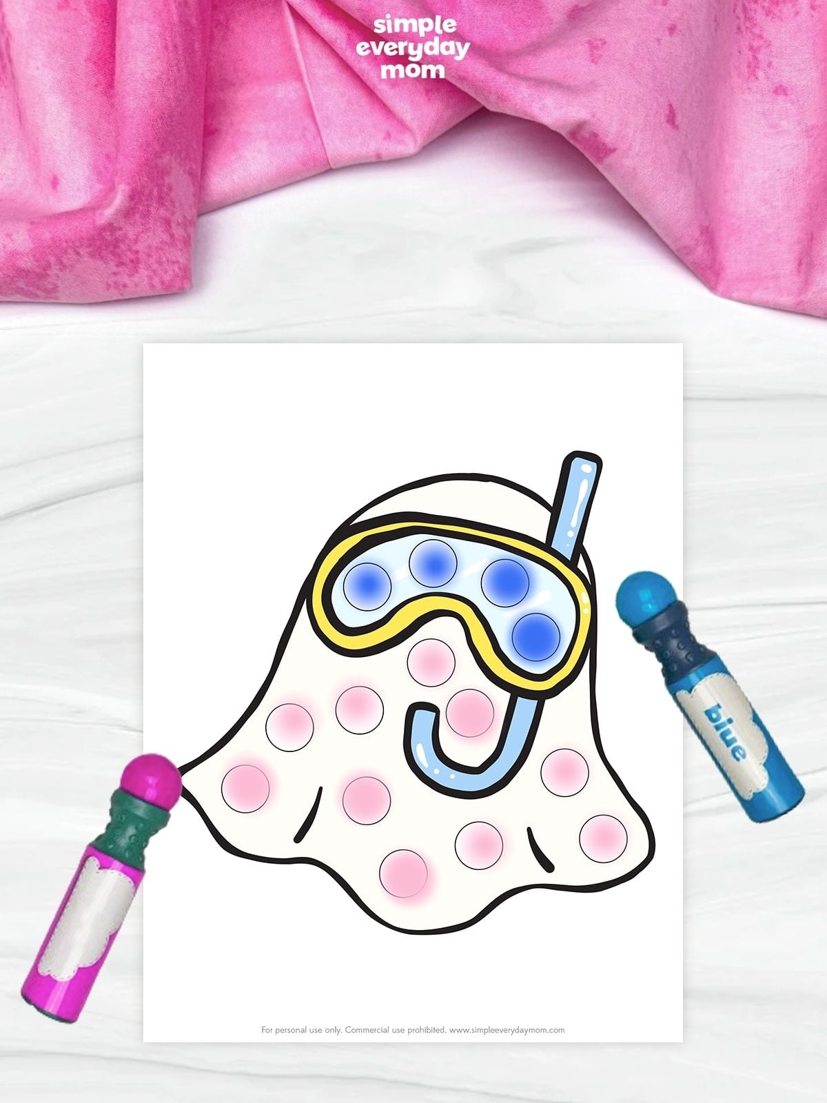 Ghost Summerween dot marker worksheet featuring a ghost wearing a snorkel mask and snorkel, with circles to fill using dot markers. This printable preschool activity helps children strengthen fine motor skills, hand-eye coordination, and color recognition while enjoying a fun Summerween-themed craft.