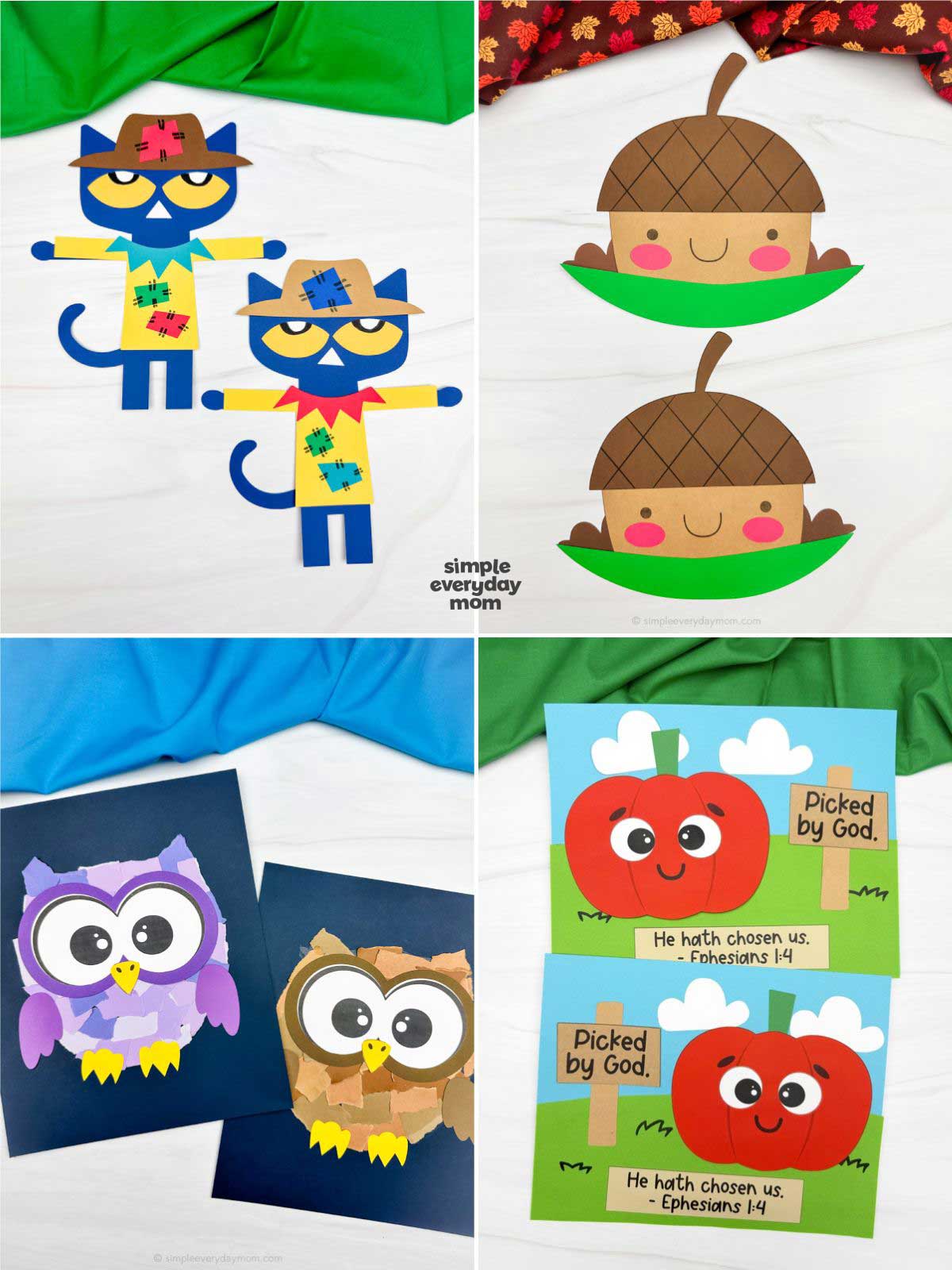 collage featuring four completed fall crafts for kids, including scarecrow cats, smiling acorns, torn paper owls, and pumpkin Bible crafts. The crafts use colorful paper shapes, oversized eyes, and cheerful faces. Autumn-themed fabric decorates the backgrounds.