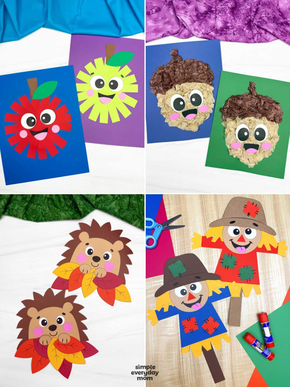 collage featuring four completed fall crafts for kids, including colorful apples, textured acorns, hedgehogs with autumn leaves, and cheerful scarecrows. The crafts use bright construction paper, tissue paper, and simple cutout shapes. Scissors, glue sticks, and colorful fabric backgrounds complement the seasonal craft projects.