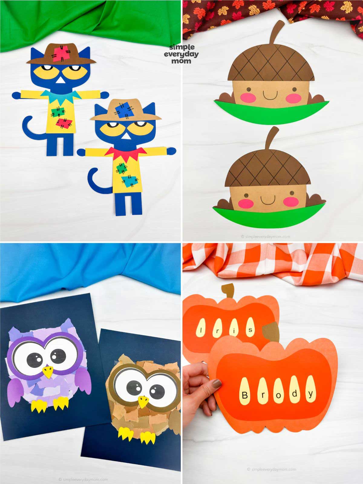 These fun fall crafts give kids creative ways to celebrate the autumn season with hands-on projects. Children can make adorable scarecrow cats, smiling acorns, textured owls, and personalized pumpkin name crafts while building fine motor skills, creativity, and early literacy. Perfect for preschool, pre-K, kindergarten, classroom activities, homeschool, or festive fall crafting.