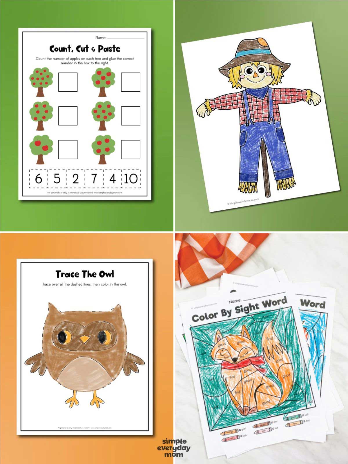 These printable fall worksheets give kids a fun mix of hands-on learning activities for the autumn season. Children can practice counting, tracing, coloring, sight words, and fine motor skills while completing engaging fall-themed pages. Perfect for preschool, pre-K, kindergarten, homeschool, classroom centers, or independent fall learning.