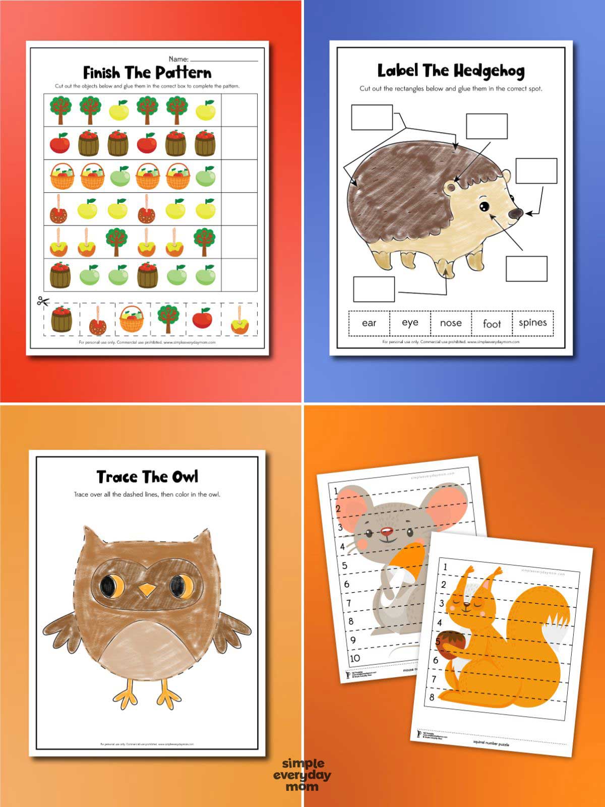 collage featuring four fall learning worksheets, including pattern completion, hedgehog labeling, owl tracing, and animal number puzzles. The activities feature colorful apples, a hedgehog, an owl, a mouse, and a squirrel. Bright red, blue, yellow, and orange backgrounds frame the seasonal printable pages.