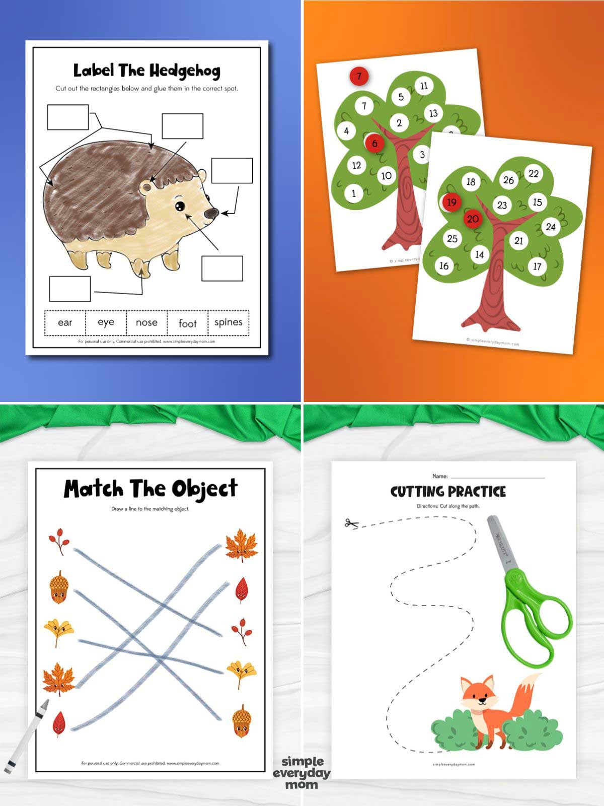 collage featuring four fall-themed learning activities for kids, including labeling a hedgehog, number practice with apple trees, matching autumn objects, and cutting practice. The worksheets feature colorful hedgehogs, trees, leaves, acorns, and a fox. Scissors and a crayon are shown alongside the activities.