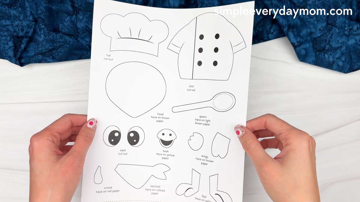 hands holding a printable chef turkey disguise craft template with hat, shirt, spoon, and turkey pieces.