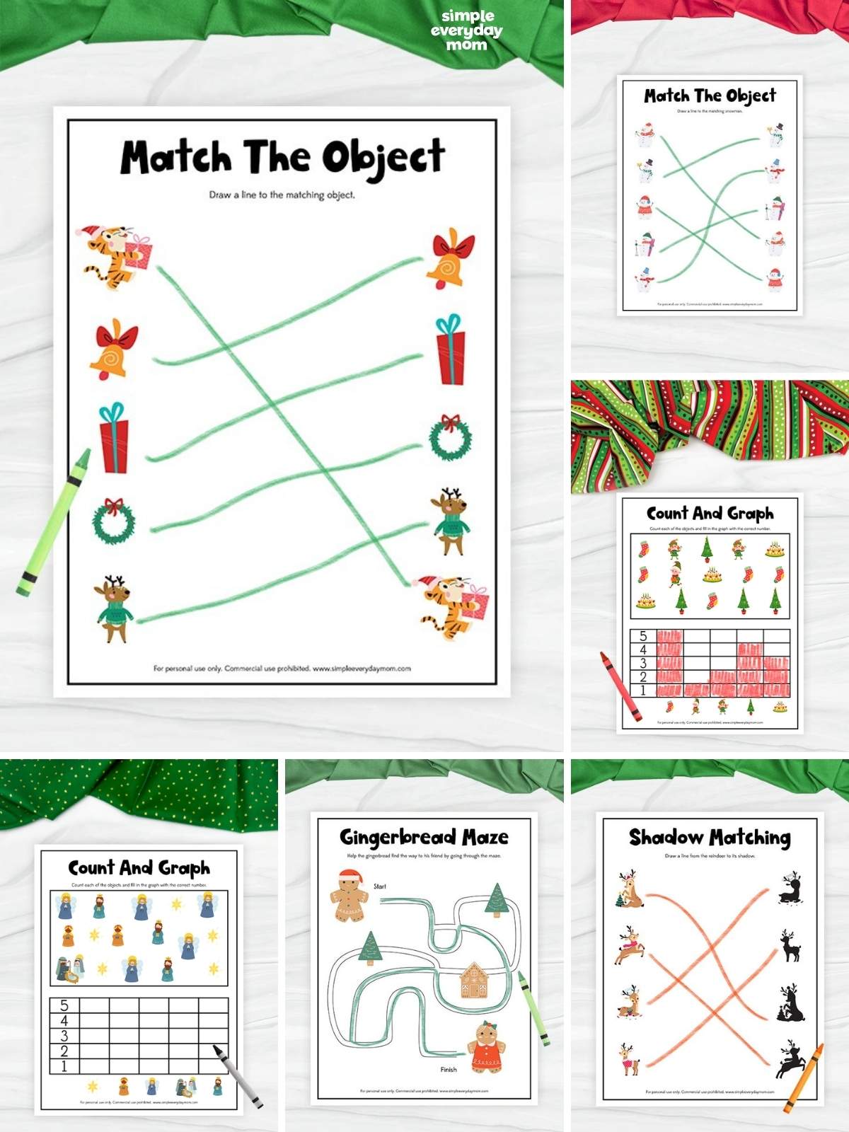 Collage of Christmas-themed activity worksheets including object matching, counting and graphing, a gingerbread maze, and reindeer shadow matching.