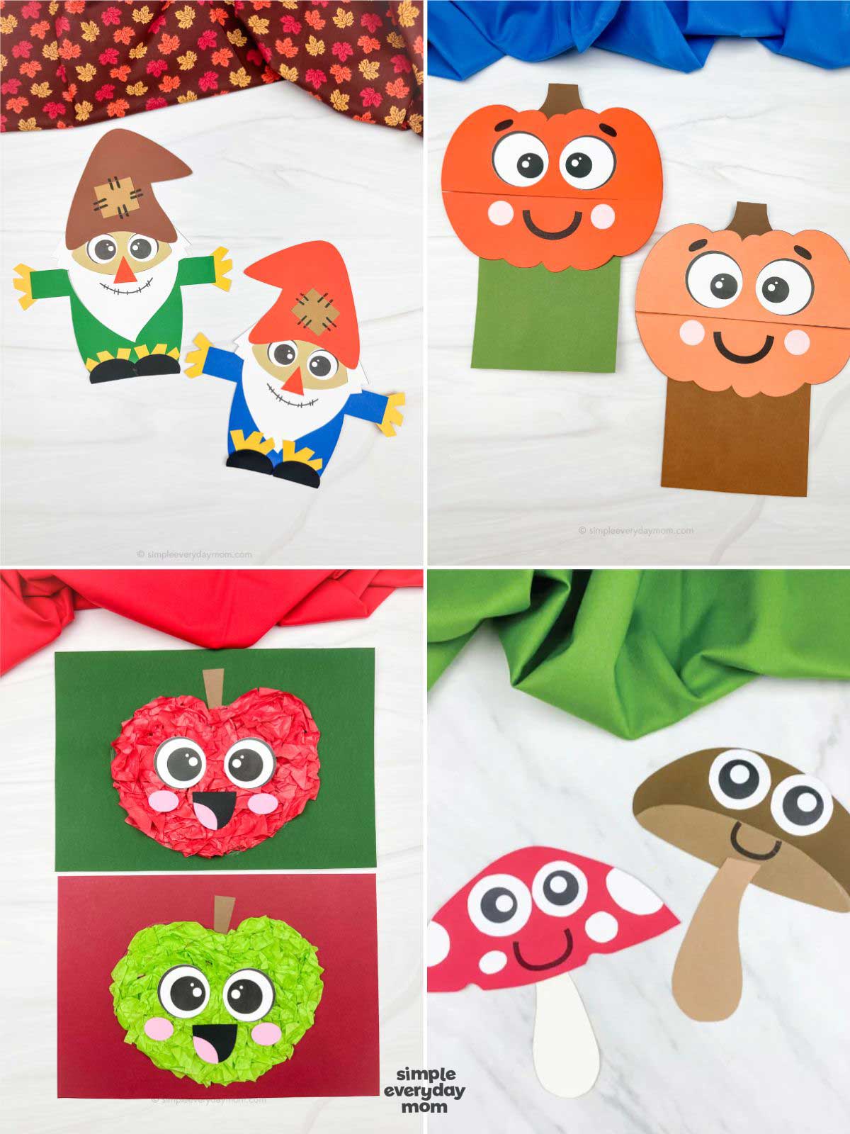 collage featuring four completed fall crafts for kids, including scarecrows, pumpkin puppets, textured apples, and smiling mushrooms. The crafts use colorful construction paper, tissue paper, and simple cutout shapes. Bright seasonal fabric backgrounds complement the cheerful autumn projects.