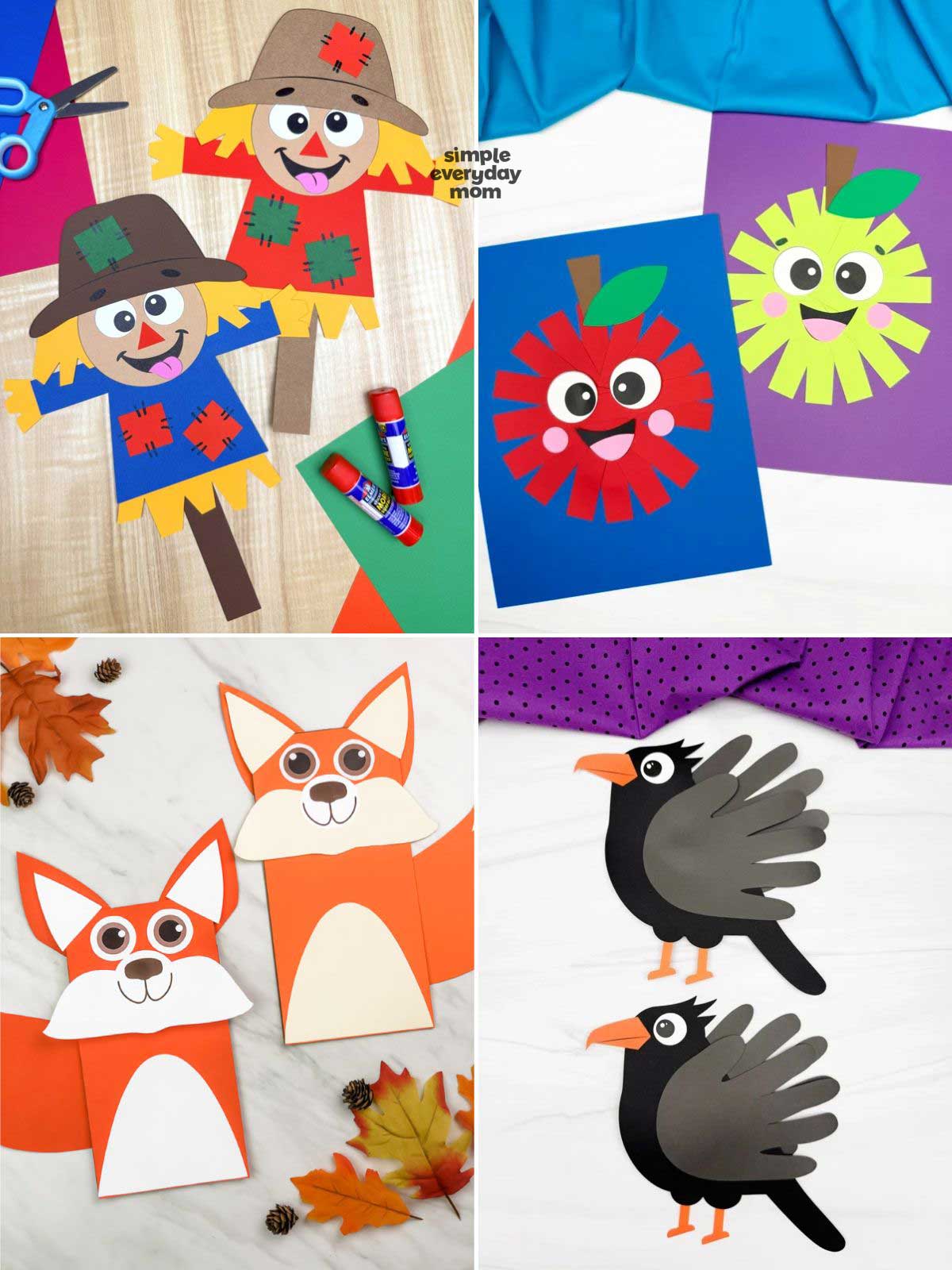collage featuring four completed fall crafts for kids, including colorful scarecrows, paper apples, fox puppets, and handprint crows. The crafts use bright construction paper and simple cutout shapes with cheerful faces. Autumn leaves and craft supplies decorate the backgrounds.