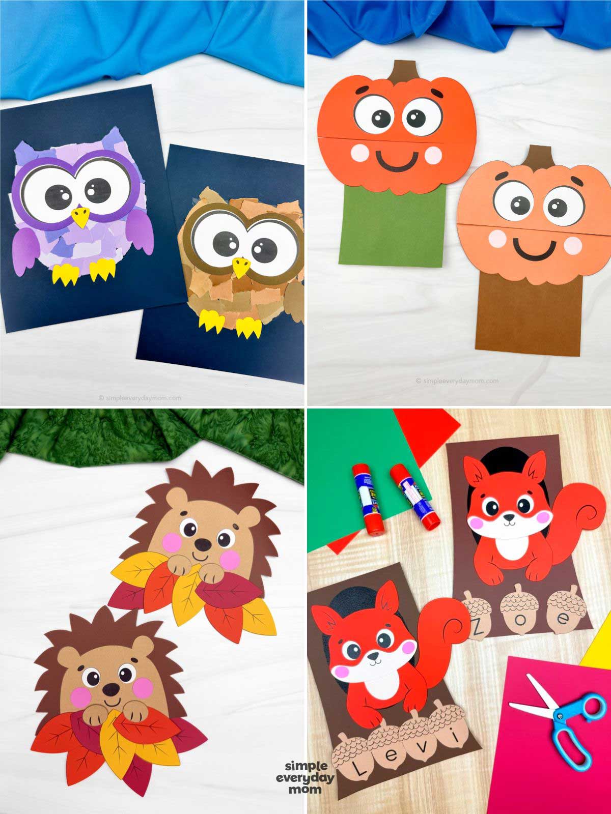 collage featuring four completed fall crafts for kids, including torn paper owls, pumpkin puppets, hedgehogs with colorful leaves, and squirrel name crafts. The crafts use bright paper shapes, oversized eyes, and cheerful animal faces. Scissors, glue sticks, and colorful paper are shown with the squirrel crafts.