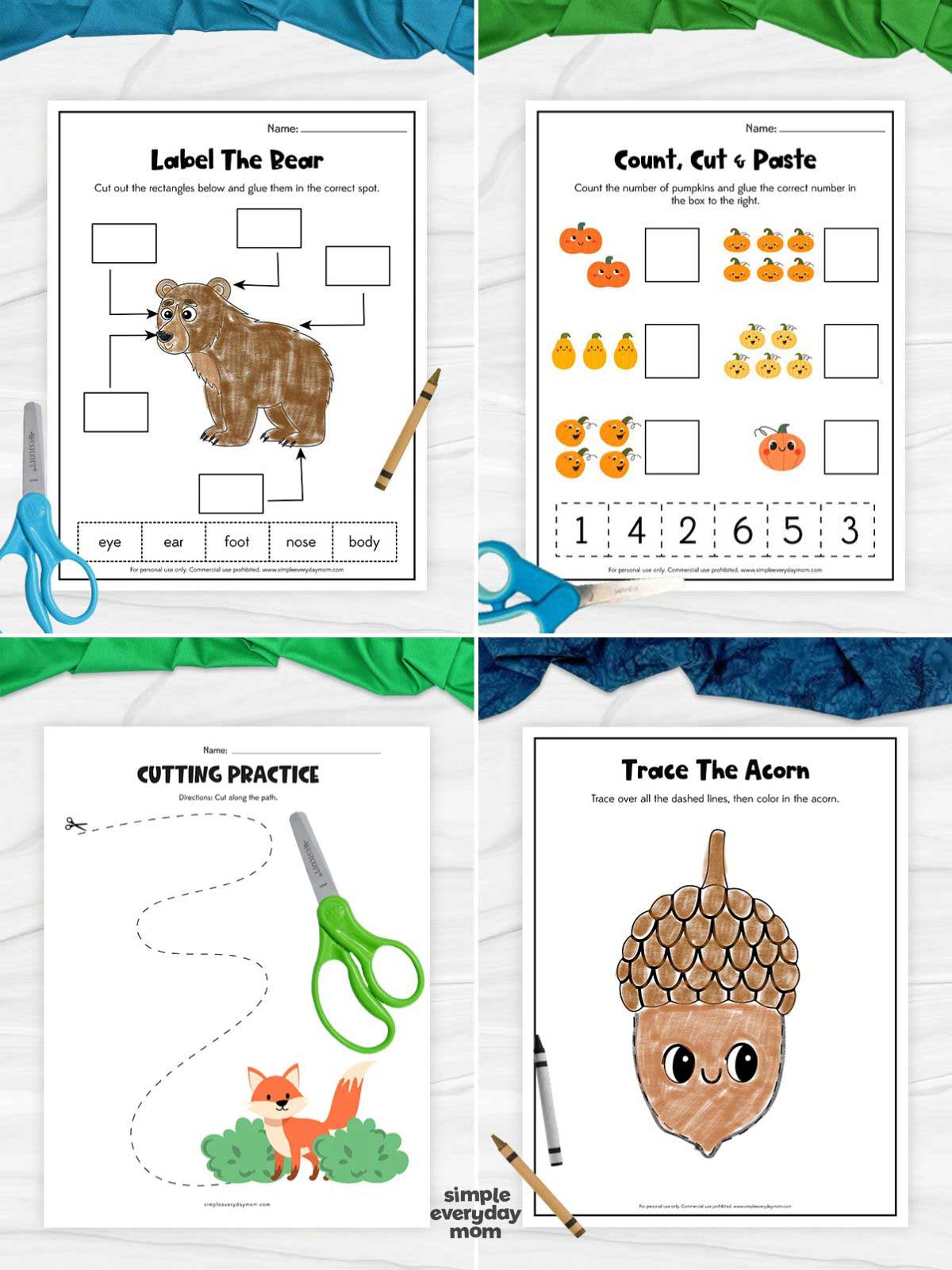 collage featuring four fall-themed learning worksheets for kids, including labeling a bear, counting and pasting pumpkins, cutting practice, and tracing an acorn. The activities feature colorful autumn animals and objects with simple preschool-friendly instructions. Scissors and crayons are placed around the worksheets.