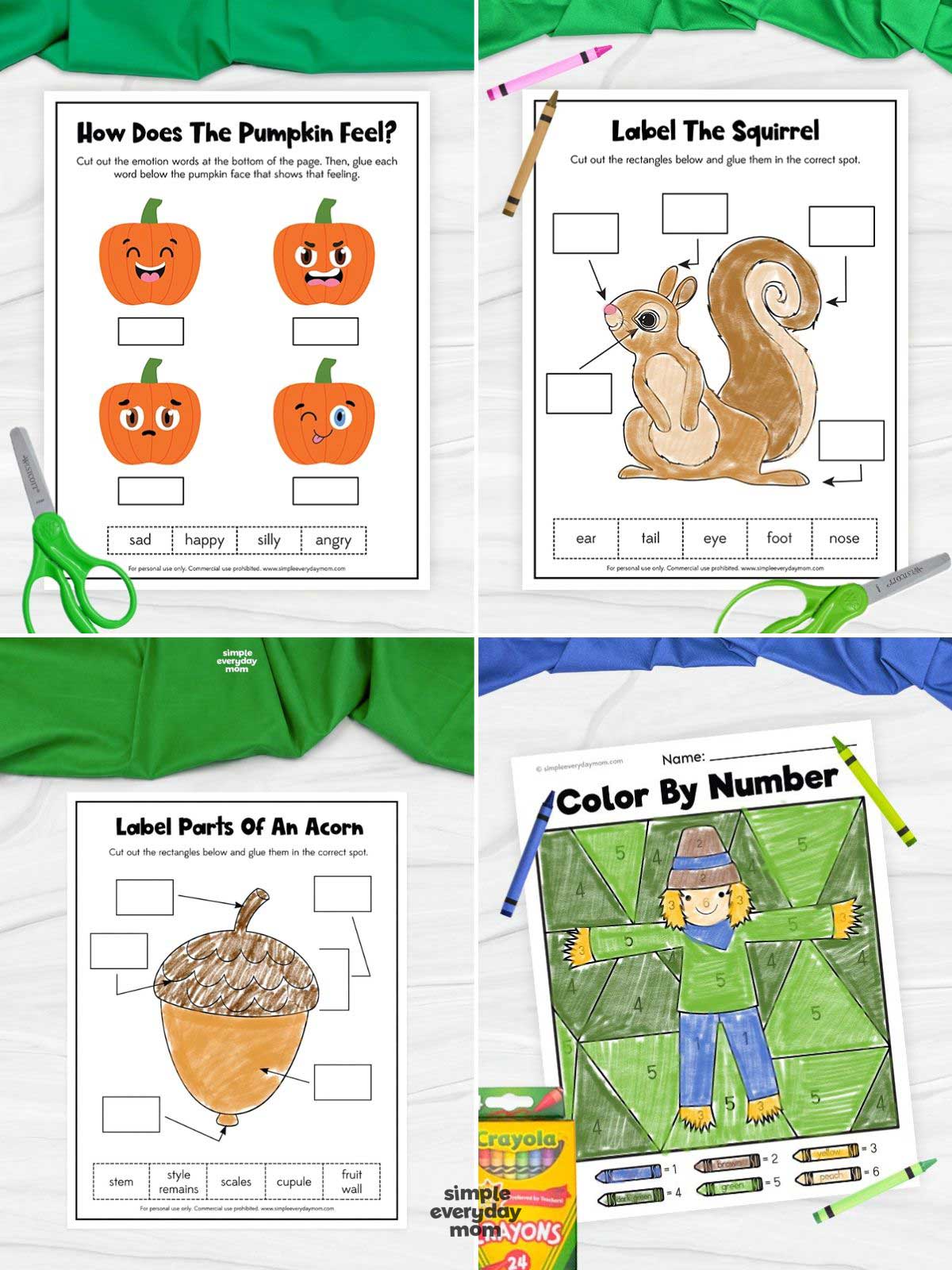 collage featuring four fall-themed learning worksheets for kids, including pumpkin emotions, labeling a squirrel, labeling parts of an acorn, and a scarecrow color-by-number activity. The worksheets feature colorful autumn illustrations with cutting, labeling, and coloring activities. Scissors, crayons, and a crayon box are arranged around the pages.