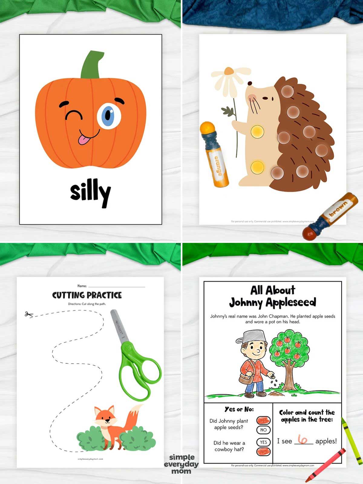 collage featuring four preschool learning activities, including a silly pumpkin emotions card, hedgehog dot marker page, fox cutting practice worksheet, and Johnny Appleseed activity. The pages practice emotions, fine motor skills, cutting, counting, and early reading comprehension. Colorful crayons, scissors, and kid-friendly illustrations accompany the printable activities.