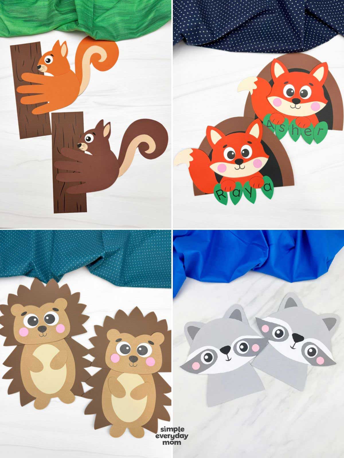 collage featuring four completed woodland animal crafts for kids, including squirrels on trees, fox name crafts, hedgehogs, and raccoons. The crafts use simple paper shapes in warm brown, orange, gray, and green colors. Each animal has a cute, friendly face with large eyes.