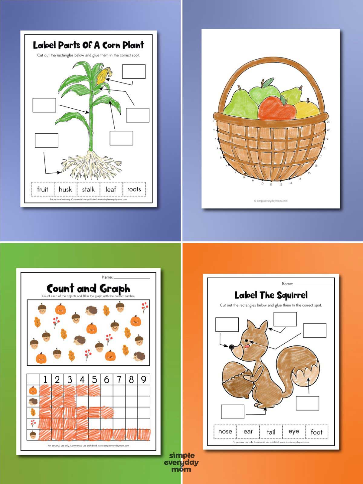 collage featuring four fall learning worksheets, including labeling parts of a corn plant, a numbered fruit basket activity, a count and graph worksheet, and a squirrel labeling activity.