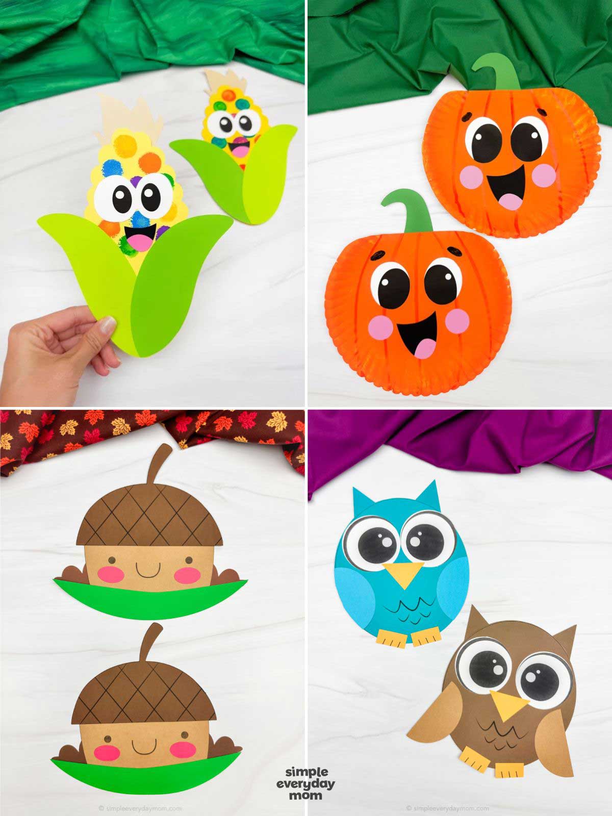 collage featuring four completed fall crafts for kids, including corn, paper plate pumpkins, acorns, and colorful owls. The crafts feature bright paper shapes, oversized eyes, and cheerful faces. One hand holds a completed corn craft.
