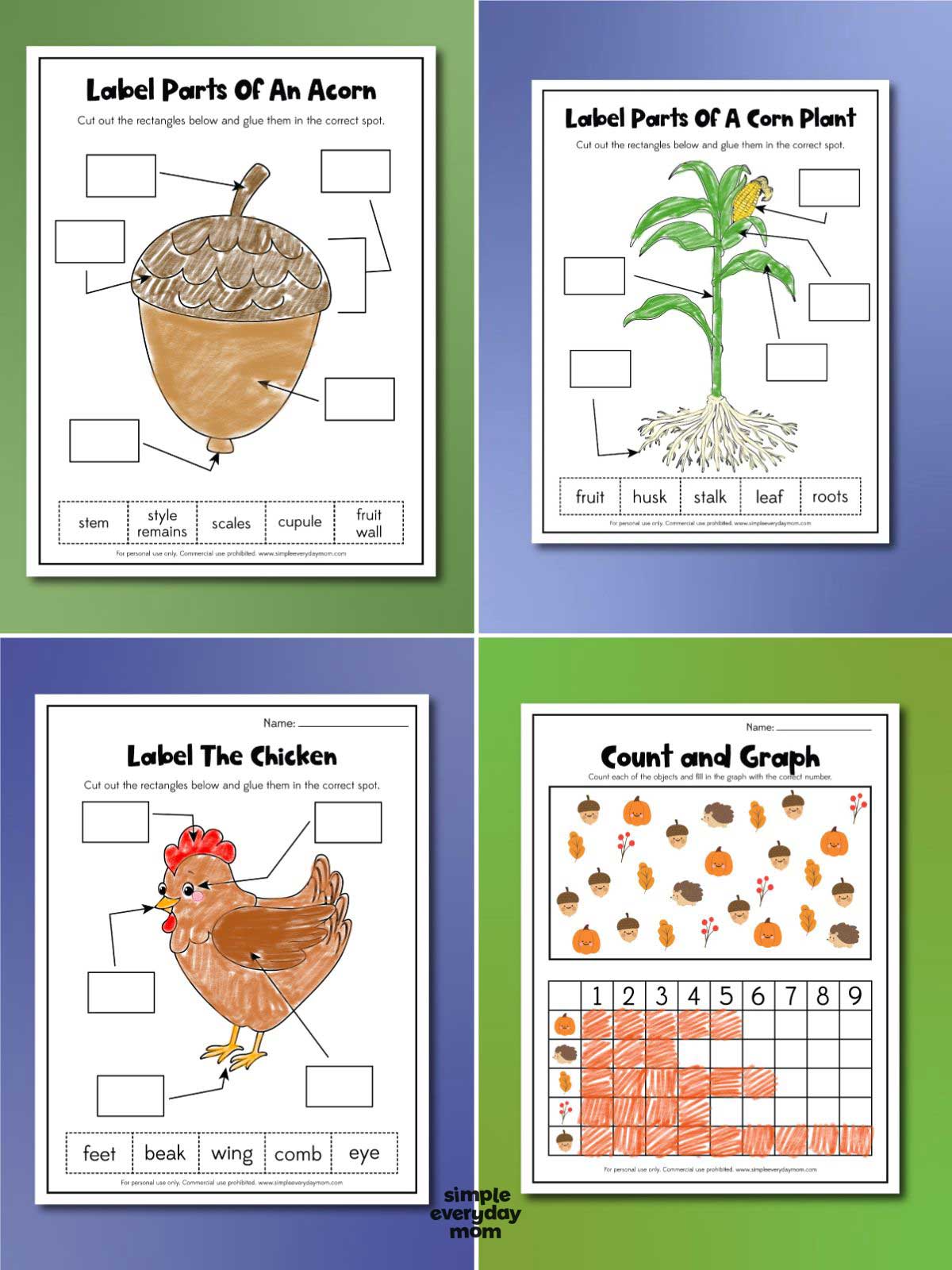 These printable fall worksheets help kids build vocabulary, science, and early math skills through engaging hands-on activities. Children can label parts of an acorn, corn plant, and chicken, then practice counting and graphing with colorful autumn-themed pictures. Perfect for preschool, pre-K, kindergarten, homeschool, classroom centers, or fall learning units.