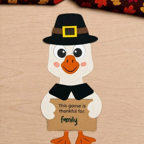 A completed craft of a thankful goose wearing a pilgrim hat and holding a sign showing gratitude for family.