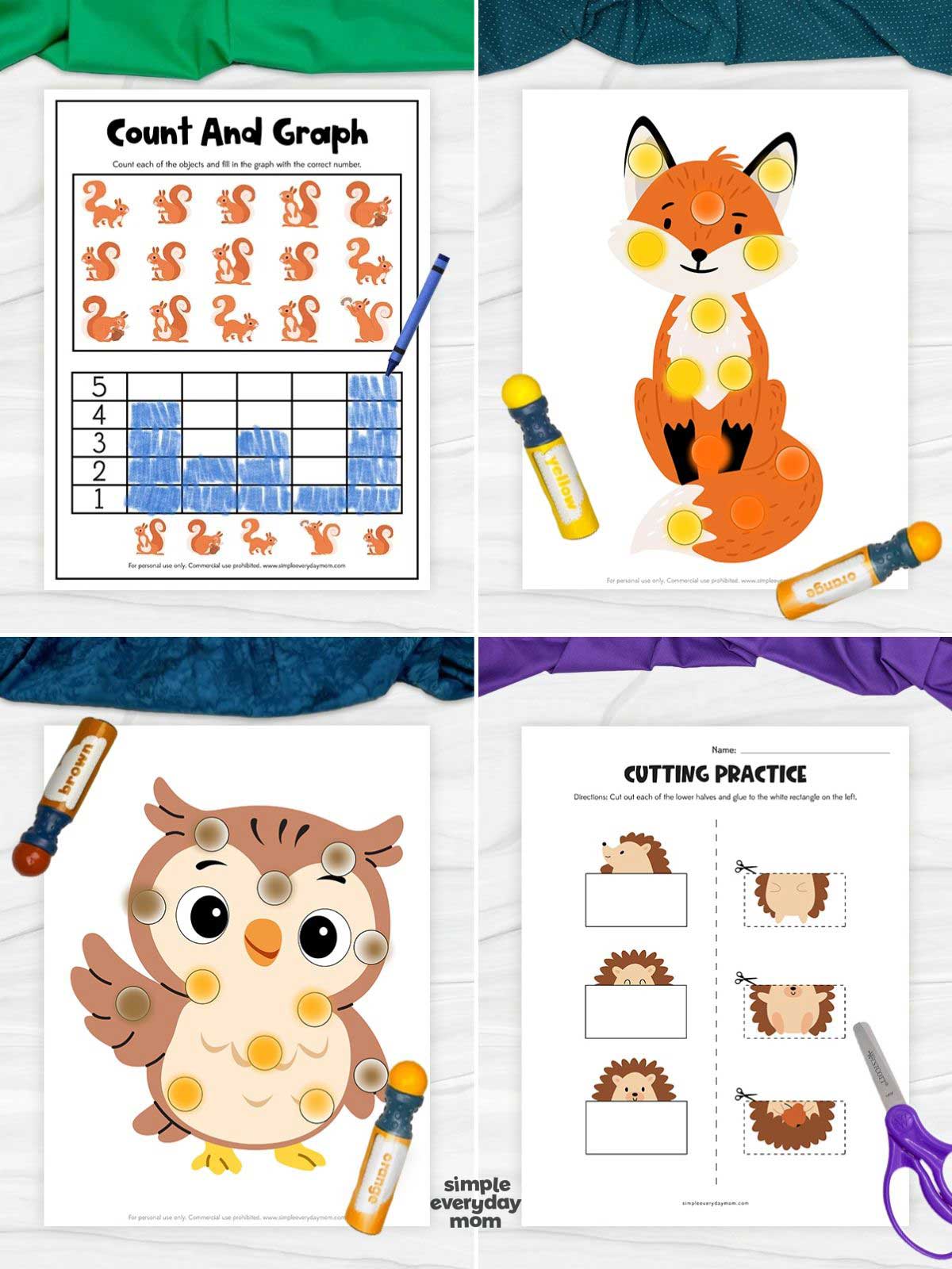 collage featuring four fall-themed learning activities for kids, including a squirrel count-and-graph worksheet, fox and owl dot marker pages, and hedgehog cutting practice. The activities feature colorful woodland animals and simple preschool skills such as counting, coloring, and cutting. Crayons, dot markers, and scissors are arranged around the worksheets.