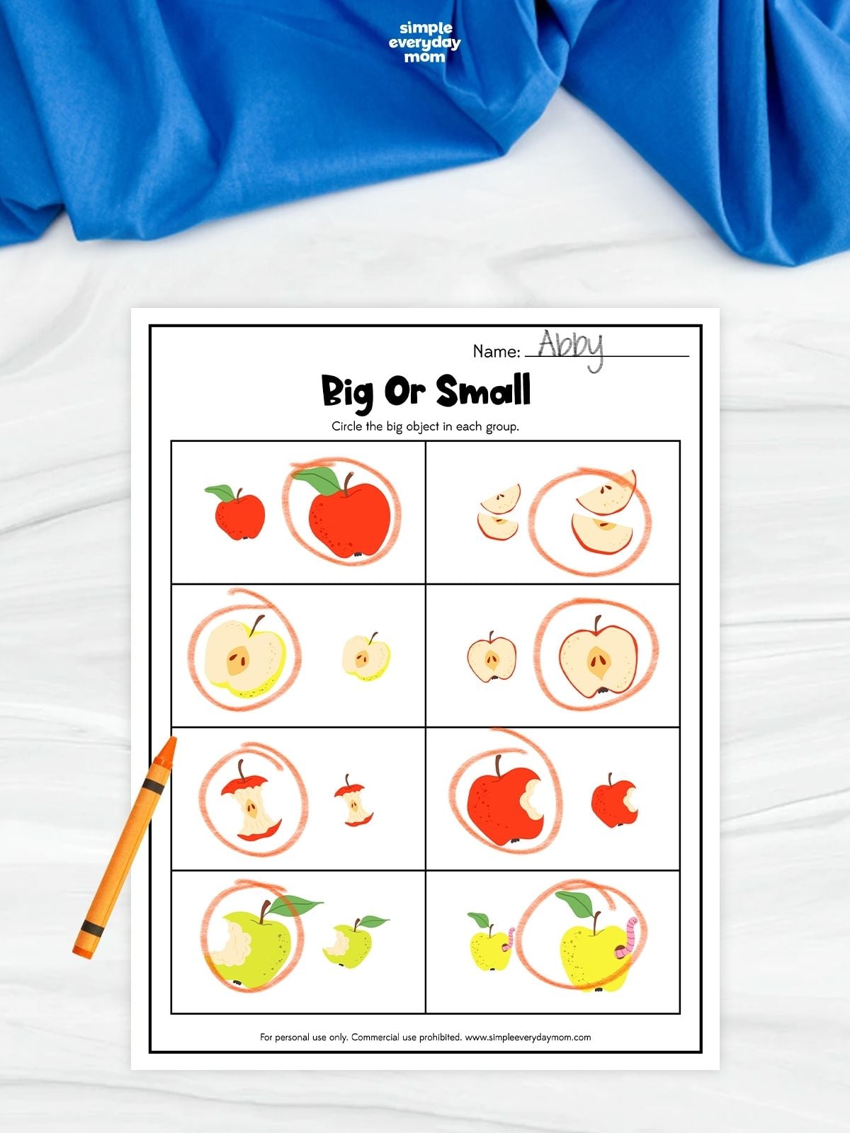 The "Big or Small" worksheet helps children identify and circle the larger object in each pair of apple-themed pictures. This fun activity builds size comparison, visual discrimination, and observation skills while reinforcing early learning concepts. It is an excellent printable resource for preschool and kindergarten students to practice at home or in the classroom.