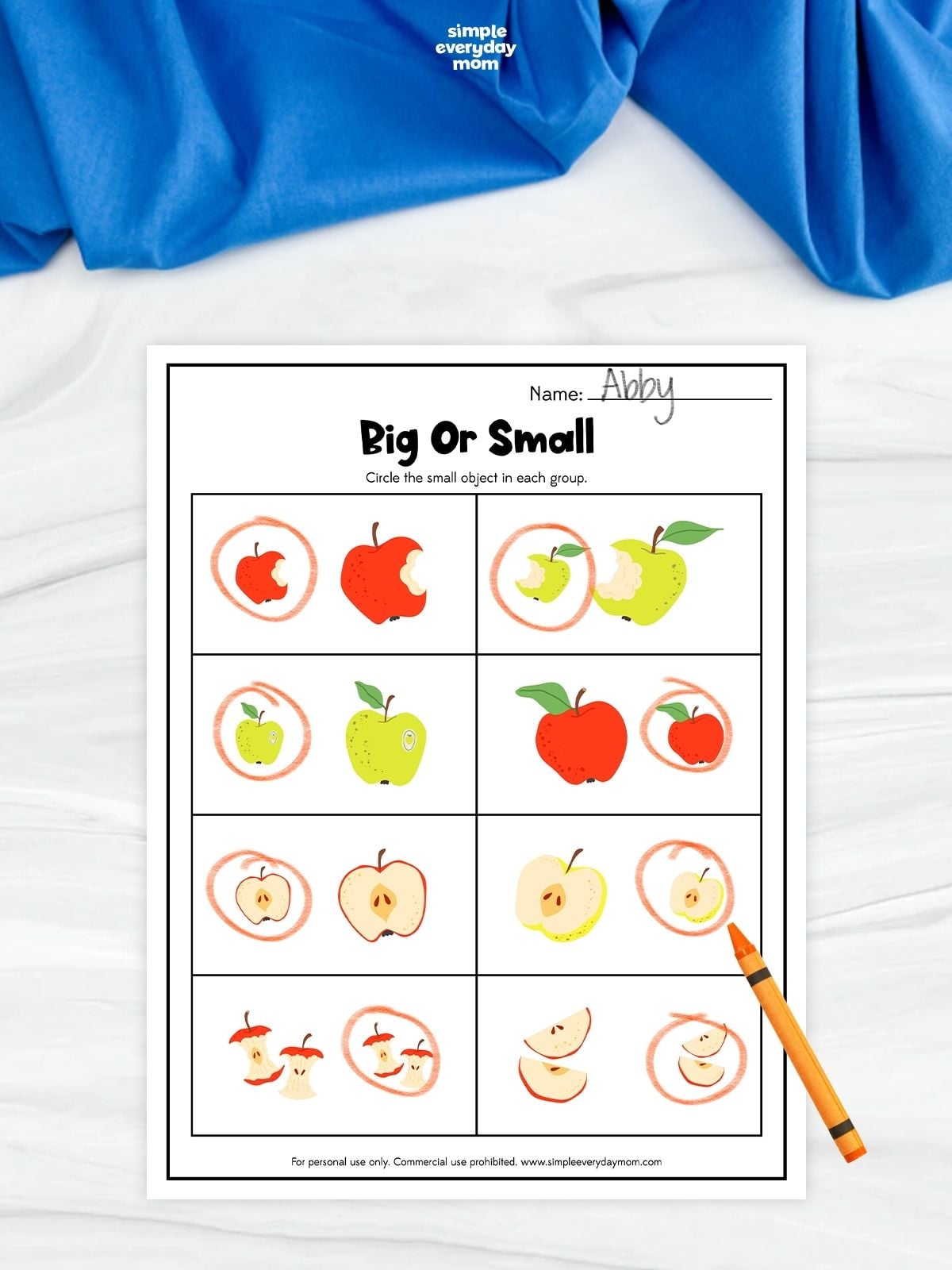 The "Big or Small" worksheet encourages children to identify and circle the smaller object in each pair of apple-themed pictures. This engaging activity helps develop size comparison, visual discrimination, and critical thinking skills while reinforcing early math concepts. It is a fun and educational printable for preschool and kindergarten learners to use at home or in the classroom.