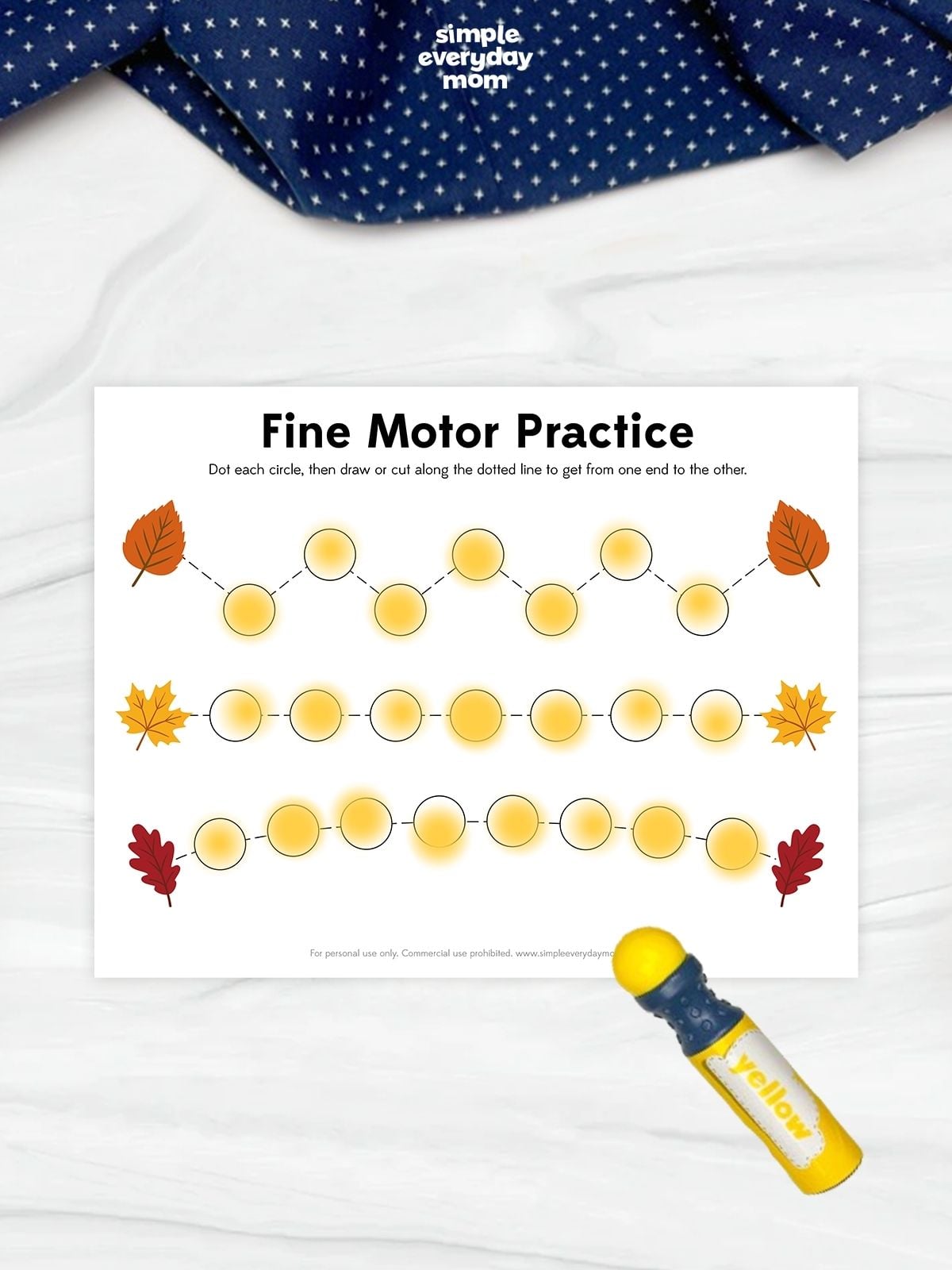 This printable fine motor activity helps kids strengthen hand-eye coordination and pencil control through a fun fall-themed tracing and dot marker exercise. Children can dot each circle, then trace or cut along the dotted paths to connect the autumn leaves. Perfect for preschool, pre-K, kindergarten, classroom centers, homeschool, or independent fine motor practice.