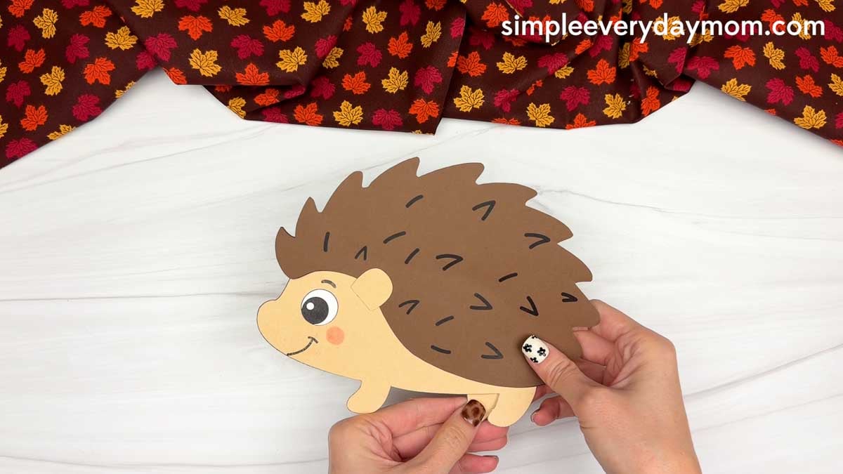 Hands attaching a back leg to the bottom of the hedgehog body.