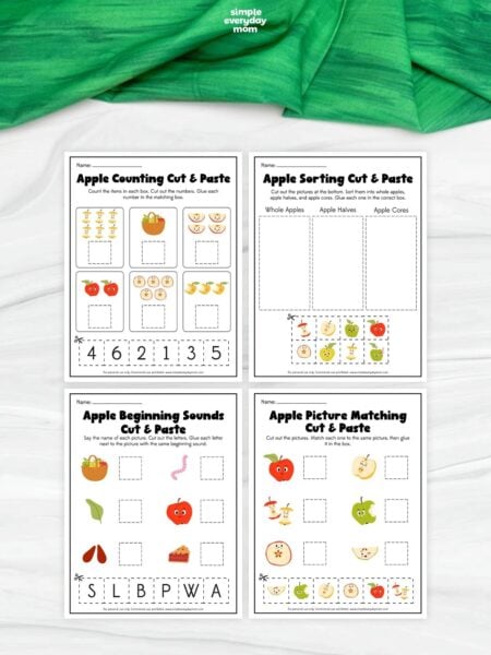 Four apple-themed cut-and-paste worksheets displayed together, covering counting, sorting, beginning sounds, and picture matching.