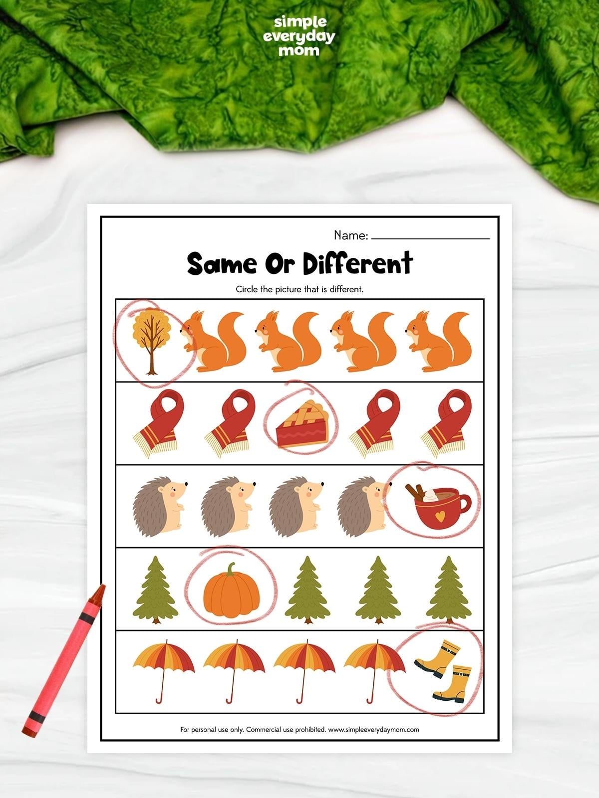 This printable same or different worksheet helps kids strengthen visual discrimination and critical thinking skills with fun fall-themed pictures. Children look at each row and circle the picture that is different while practicing observation, comparison, and attention to detail. Perfect for preschool, pre-K, kindergarten, homeschool, classroom centers, or independent fall learning.