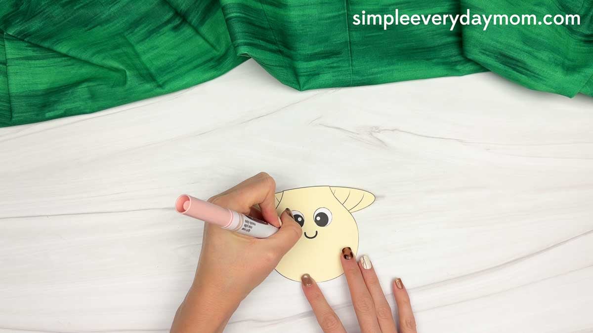Hands using a pink marker to add details to the smiling mushroom face for the mushroom name craft.