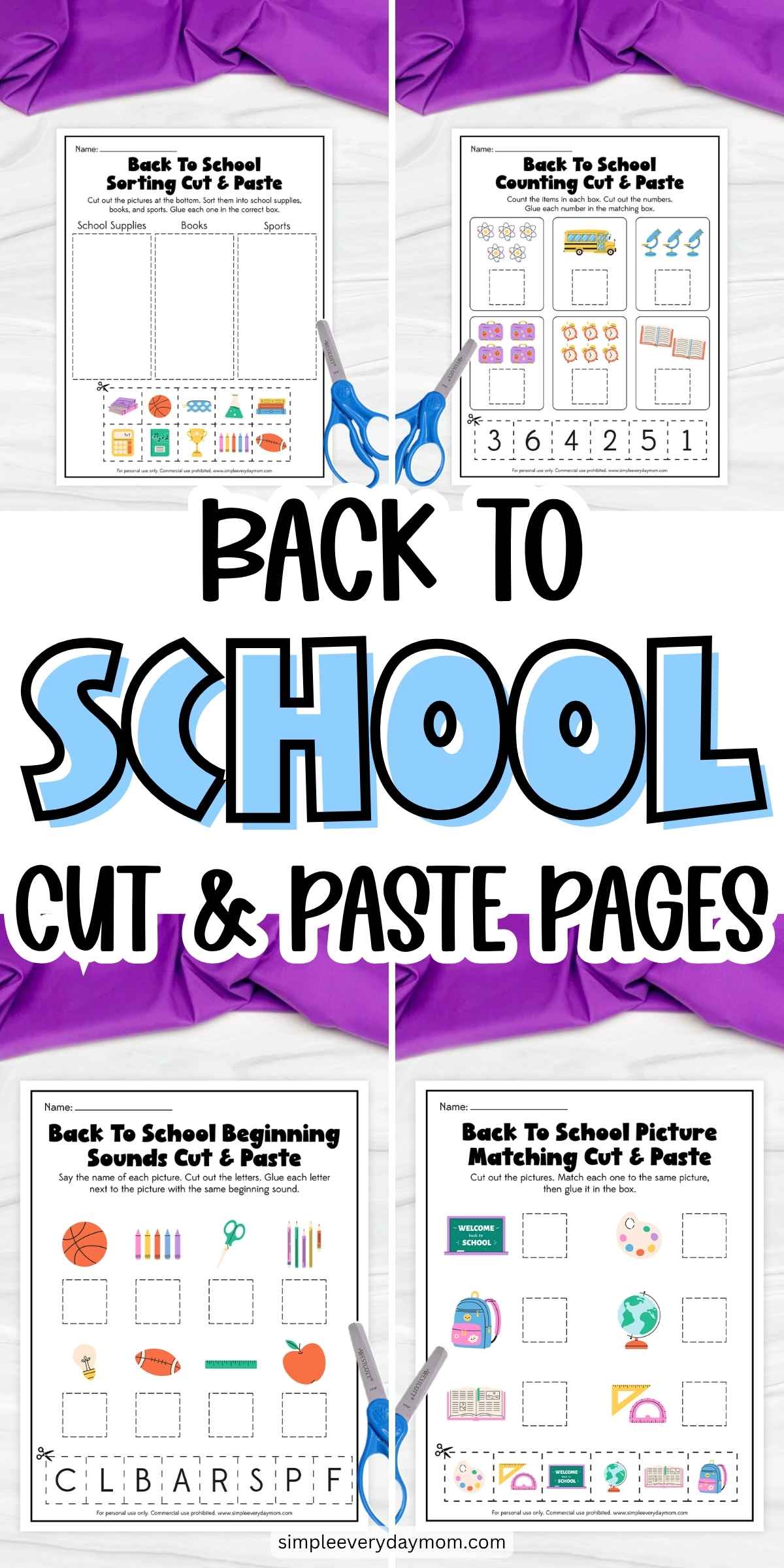Back-to-school cut-and-paste worksheet set featuring sorting, counting, beginning sounds, and picture matching activities, with colorful school-themed illustrations and scissors.