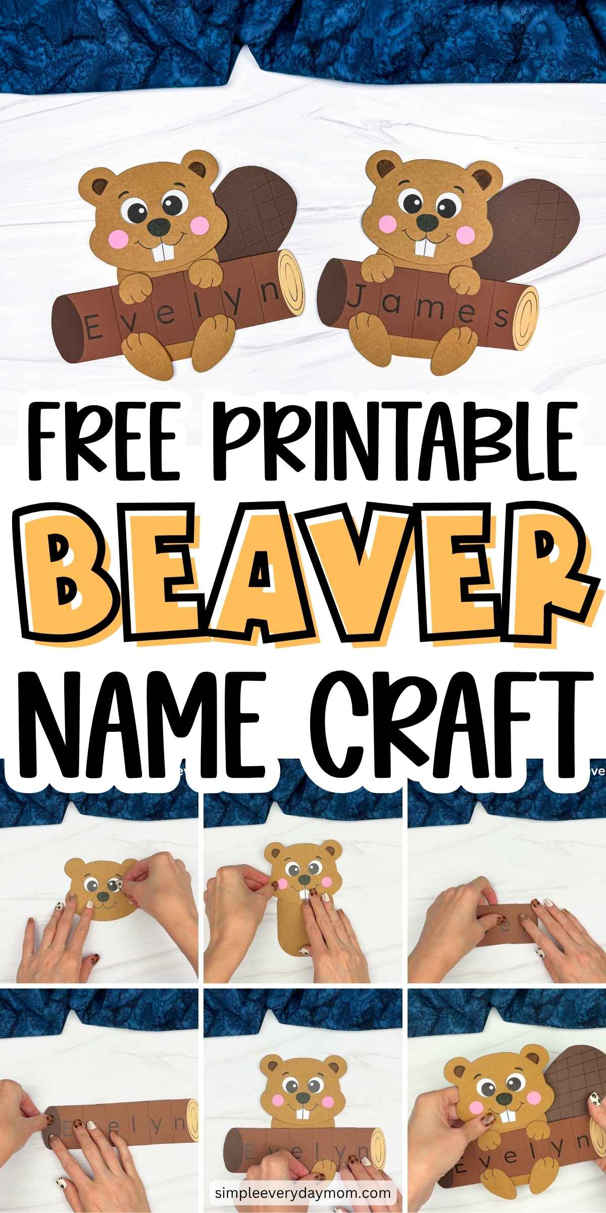 Collage showing completed Beaver Name Crafts and step-by-step photos for making the free printable activity.