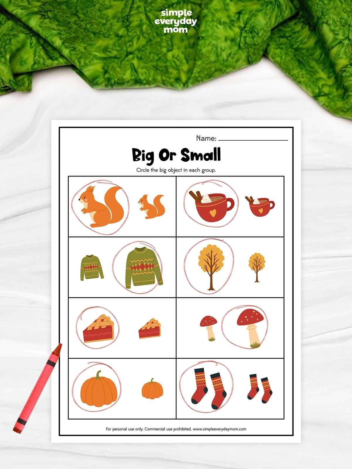 This printable big or small worksheet helps kids practice comparing sizes with fun fall-themed pictures. Children look at each pair of objects and circle the larger one while building visual discrimination, comparison skills, and early math concepts. Perfect for preschool, pre-K, kindergarten, homeschool, classroom centers, or independent fall learning.