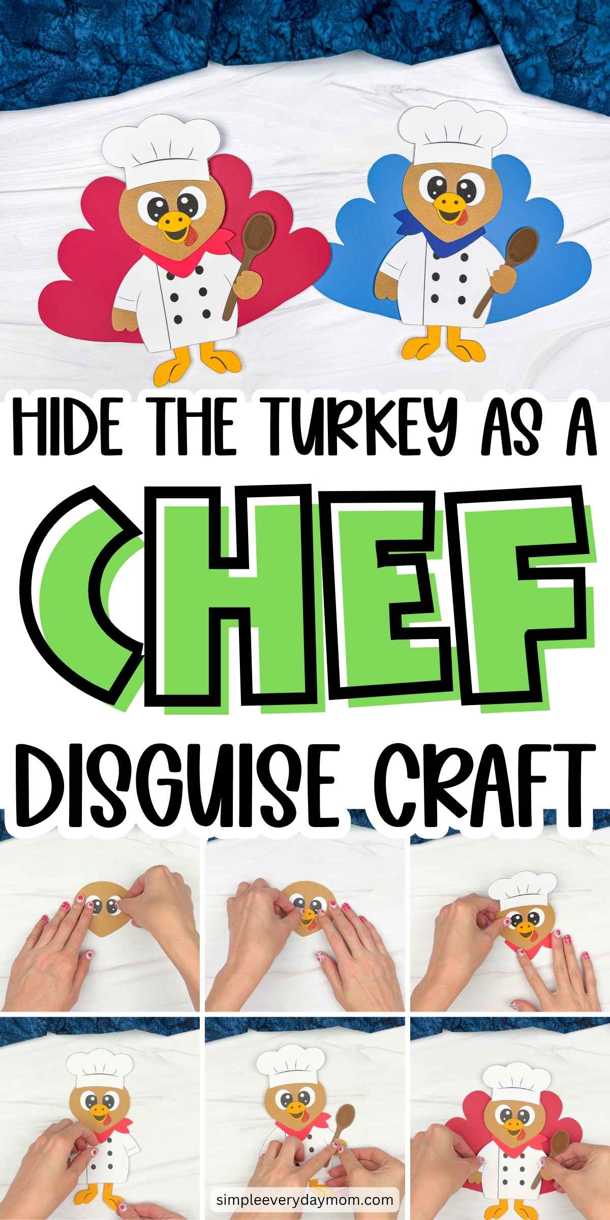 collage showing completed chef turkey disguise crafts and step-by-step assembly photos.