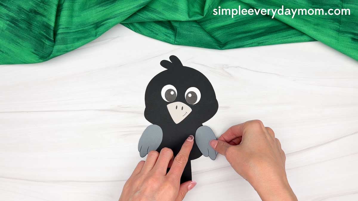 Hands gluing the wings onto both sides of the crow’s body.