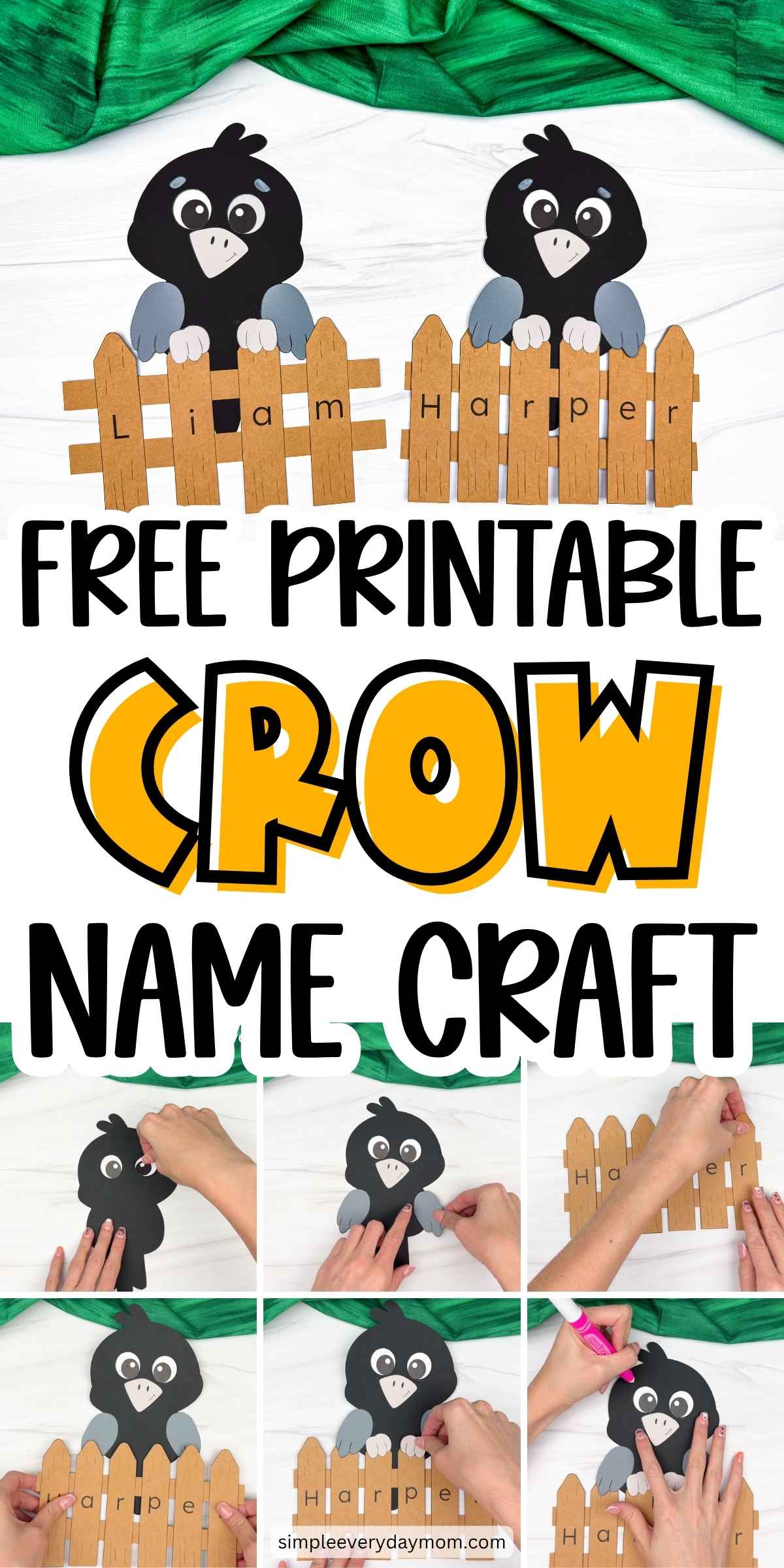 Collage showing completed Crow Name Crafts with personalized name fences and step-by-step assembly photos.