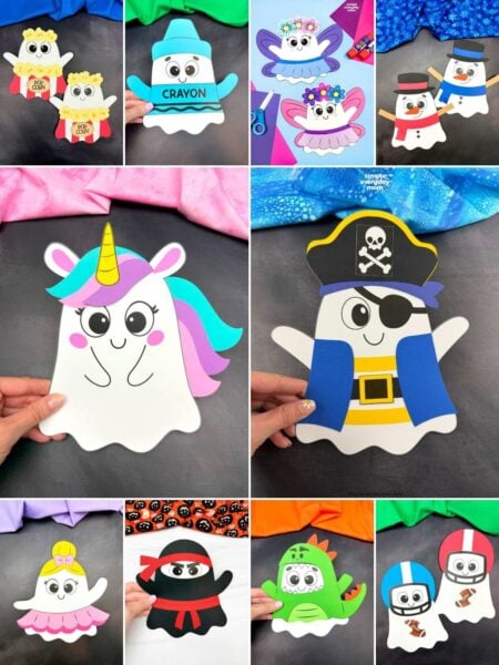 Collage of ghost crafts dressed as popcorn containers, a blue crayon, fairies, snowmen, a unicorn, pirate, ballerina, ninja, dinosaur, and football players.