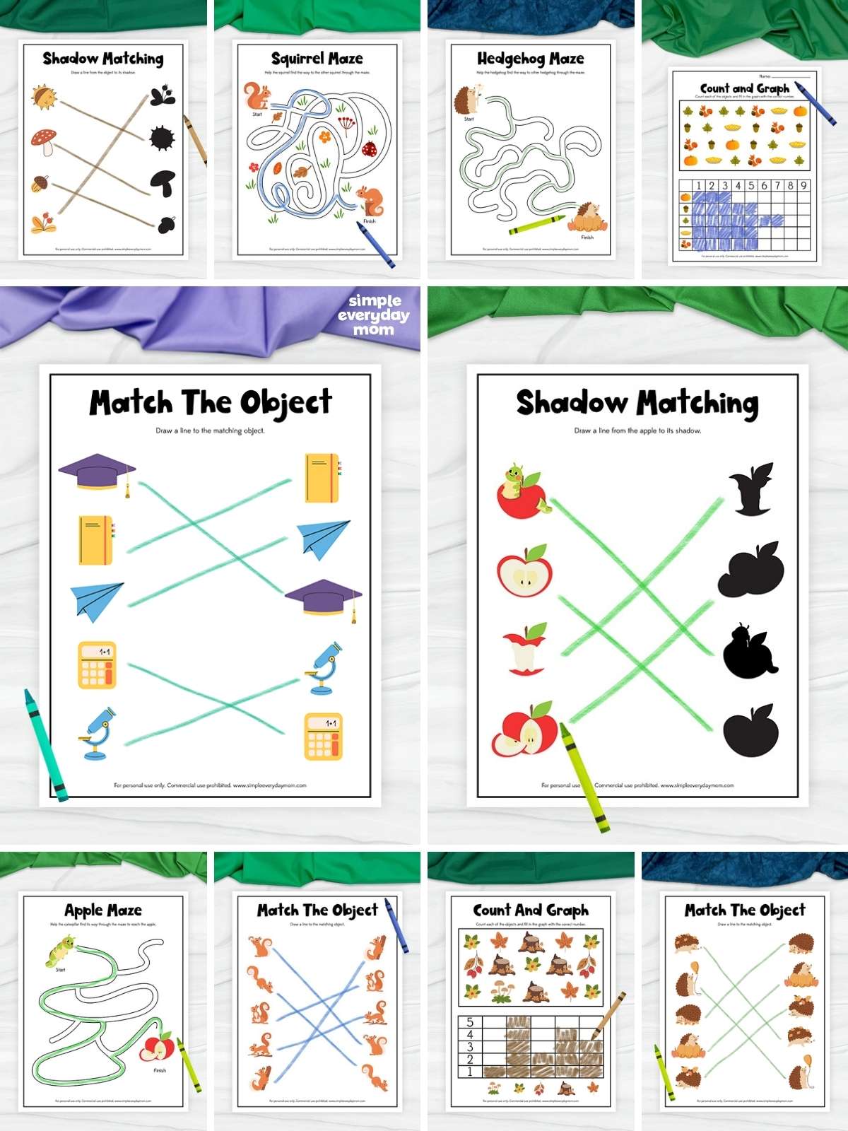 Collage of fall-themed printable worksheets with hedgehog shadow matching, squirrel and hedgehog mazes, counting and graphing, and object matching activities.