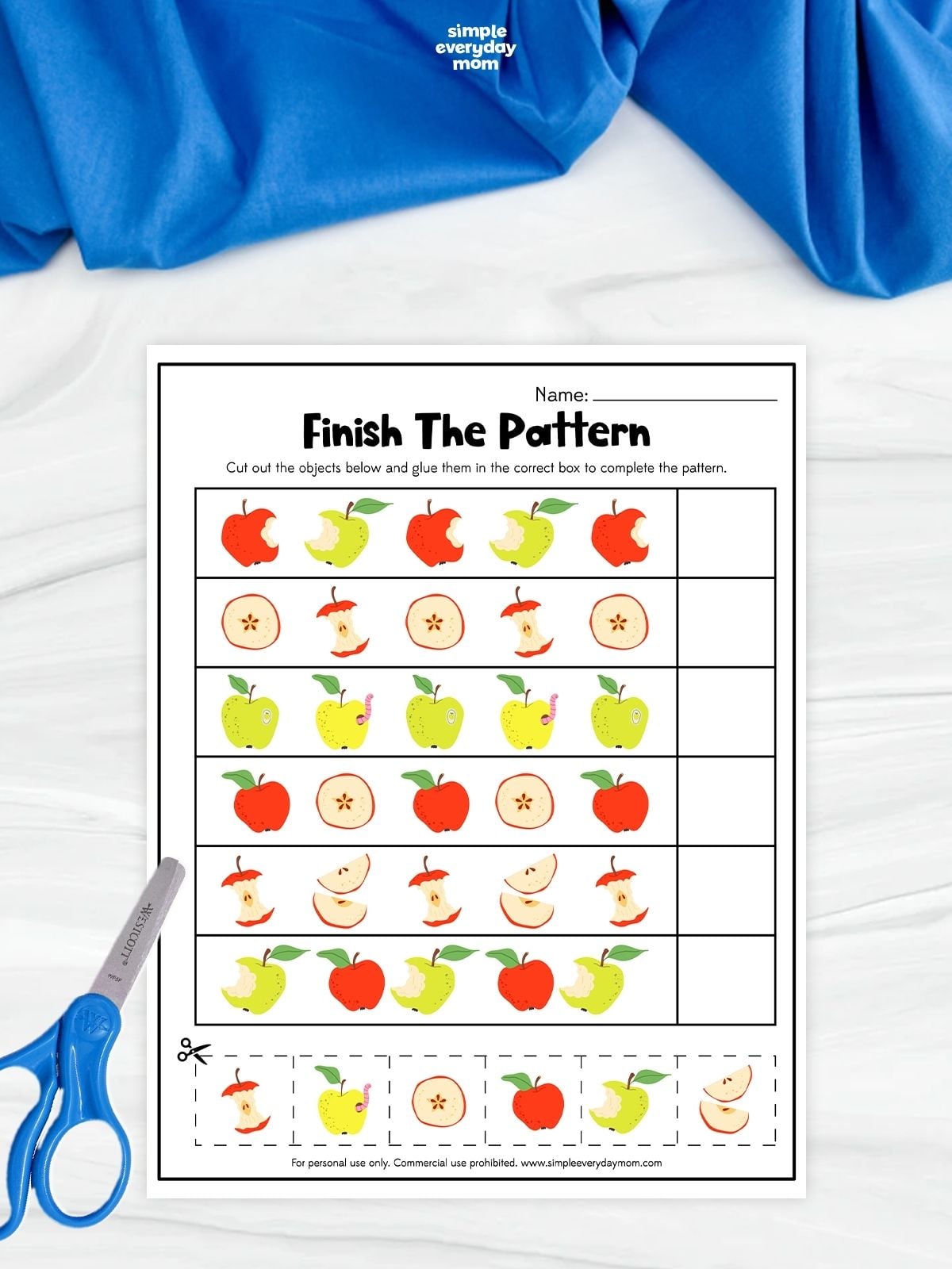 The "Finish the Pattern" worksheet helps children recognize and complete repeating patterns using colorful apple-themed pictures. By cutting and pasting the correct images, kids develop pattern recognition, logical thinking, and fine motor skills. This engaging printable activity is perfect for preschool and kindergarten learners at home or in the classroom.
