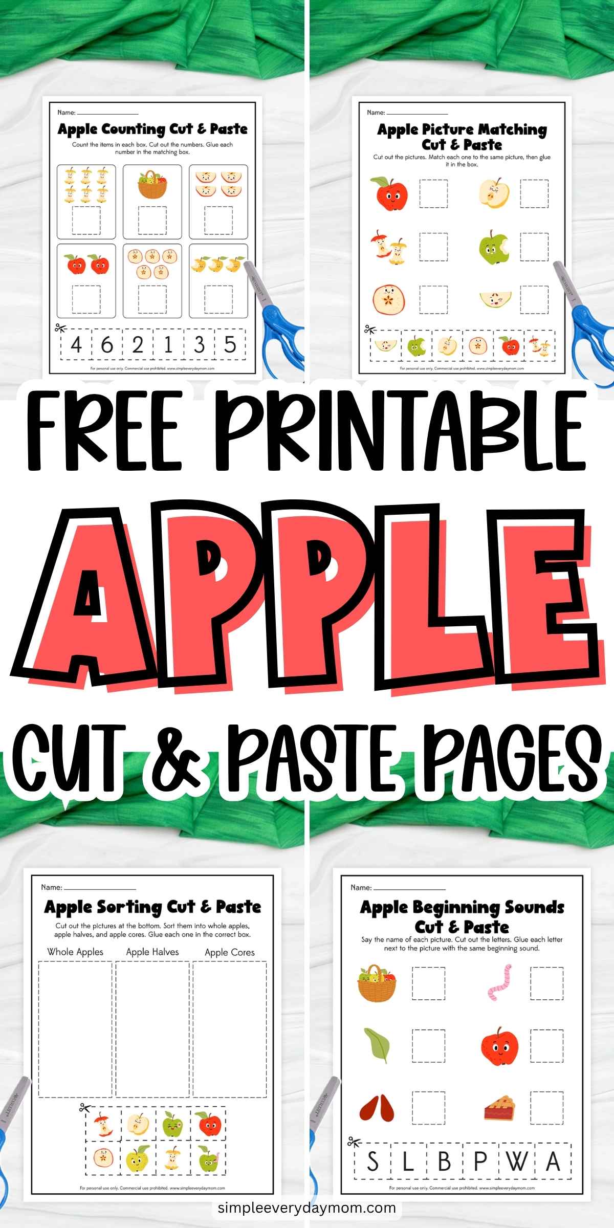 Promotional graphic for free printable apple cut-and-paste pages, with four worksheet previews and large “APPLE” text.