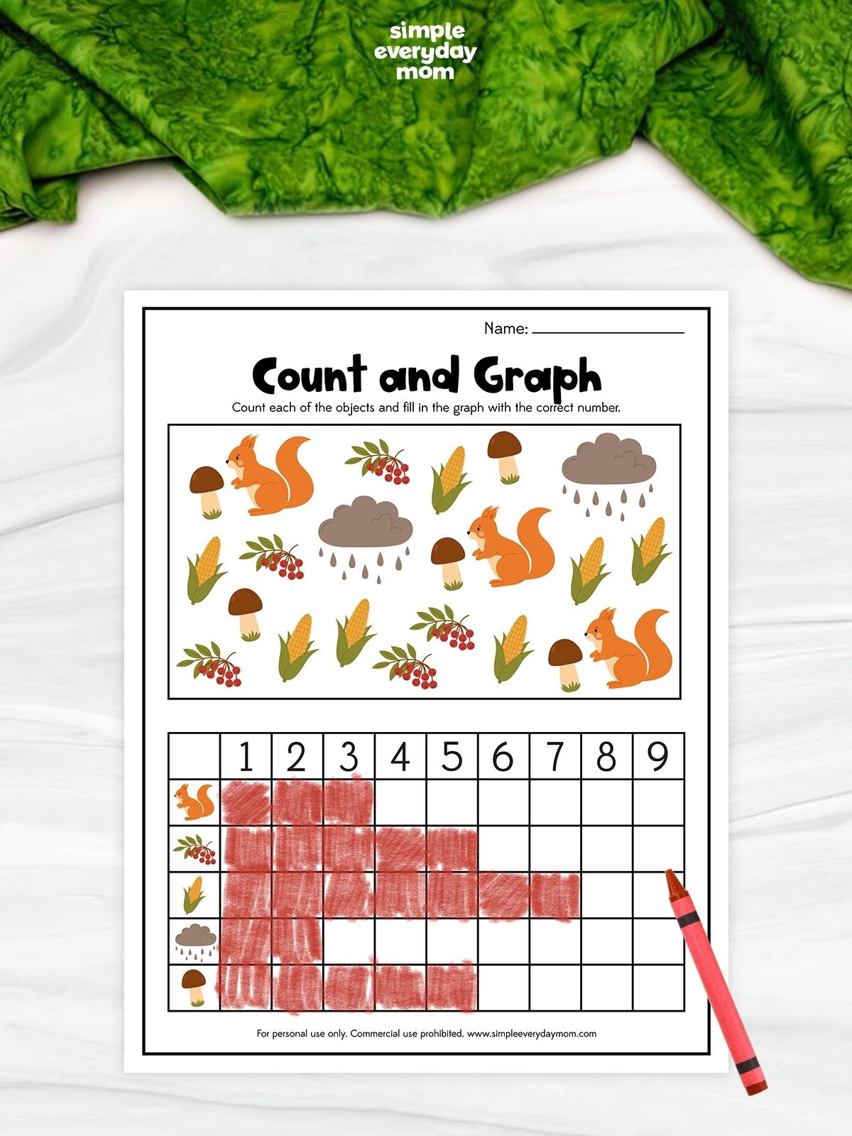 This printable count and graph worksheet helps kids practice counting, graphing, and early math skills with fun fall-themed pictures. Children count each autumn object, then color the matching number of boxes on the graph to build number recognition, one-to-one correspondence, and data interpretation skills. Perfect for preschool, pre-K, kindergarten, homeschool, classroom centers, or small group fall activities.