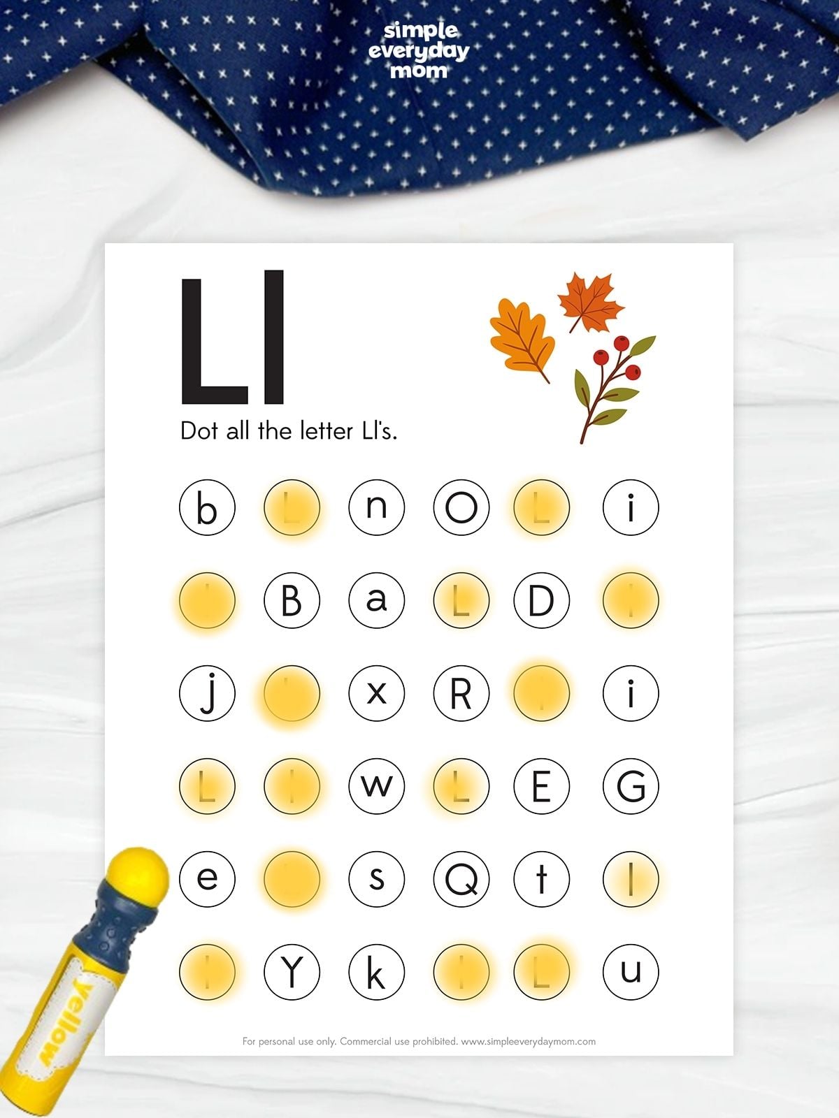 This printable letter L worksheet helps kids practice uppercase and lowercase letter recognition with a fun fall dot marker activity. Children can find and dot every letter L while building alphabet knowledge, visual discrimination, and fine motor skills. Perfect for preschool, pre-K, kindergarten, classroom centers, homeschool, or autumn literacy lessons.