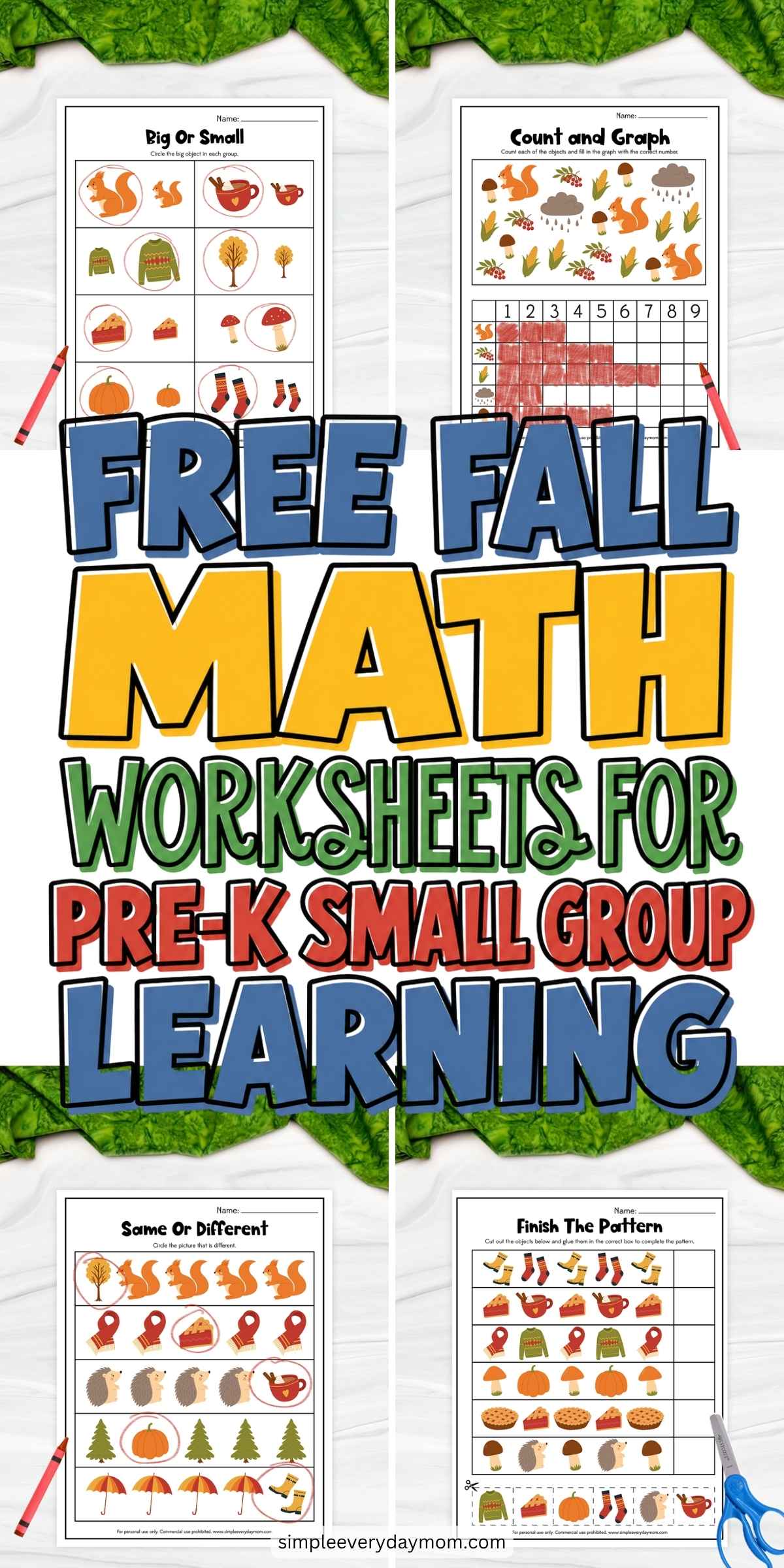 These printable fall math worksheets help preschoolers build early math and critical thinking skills through fun, hands-on activities. Kids can practice counting, graphing, patterns, comparing sizes, and visual discrimination while exploring colorful autumn-themed images. Perfect for preschool, pre-K, homeschool, classroom centers, or small group learning during the fall season.